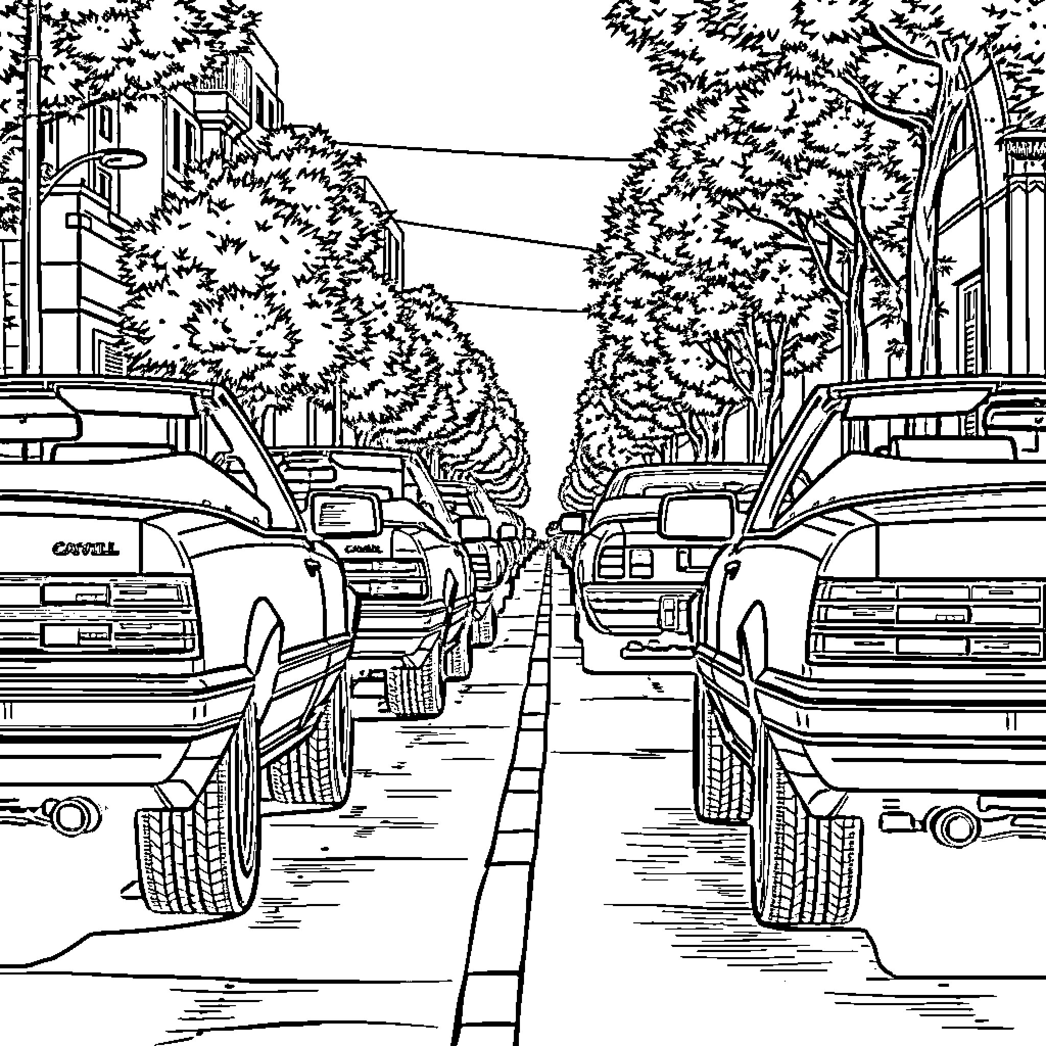 Chevy Cavalier cars on a crowded city street Coloring Page (free black-and-white line drawing printable PDF for all, from beginners to advanced learners, including children, teens, adults, and seniors)