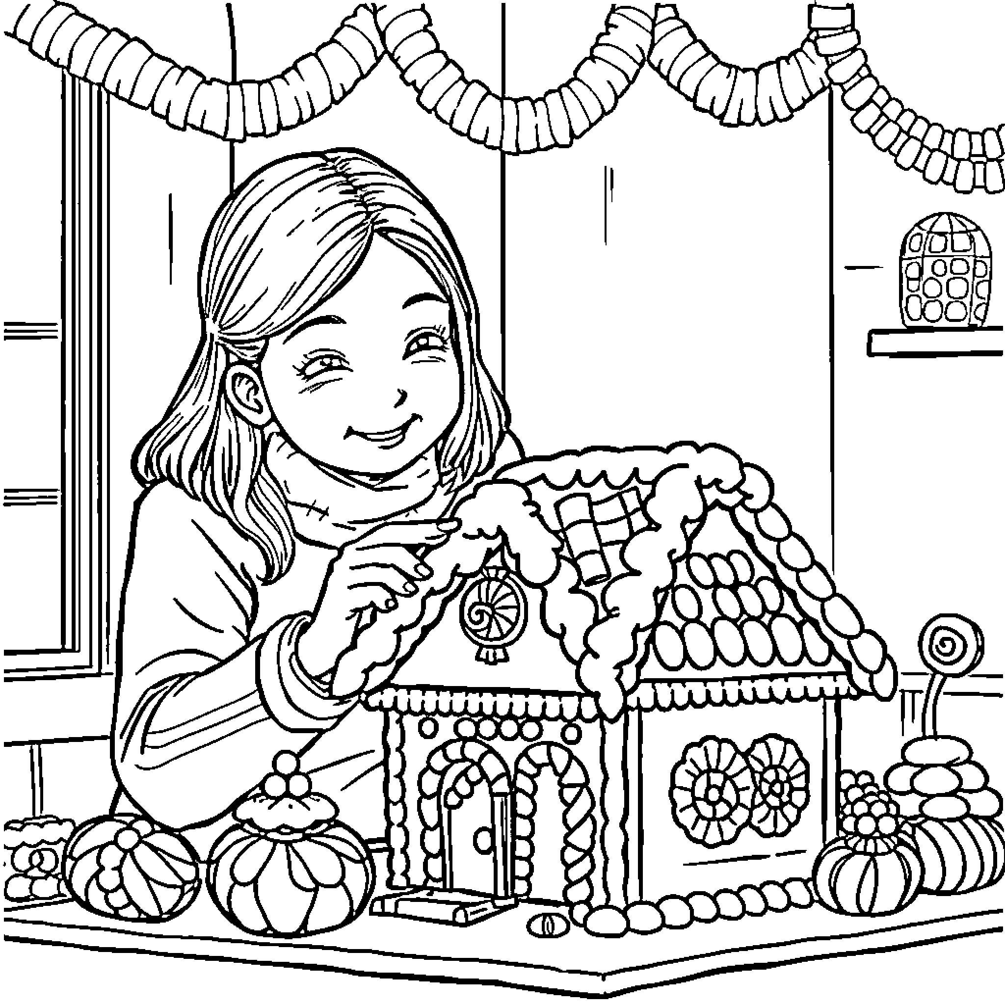 Gingerbread House Decorating with a Smiling Girl Coloring Page (free black-and-white line drawing printable PDF for all, from beginners to advanced learners, including children, teens, adults, and seniors)