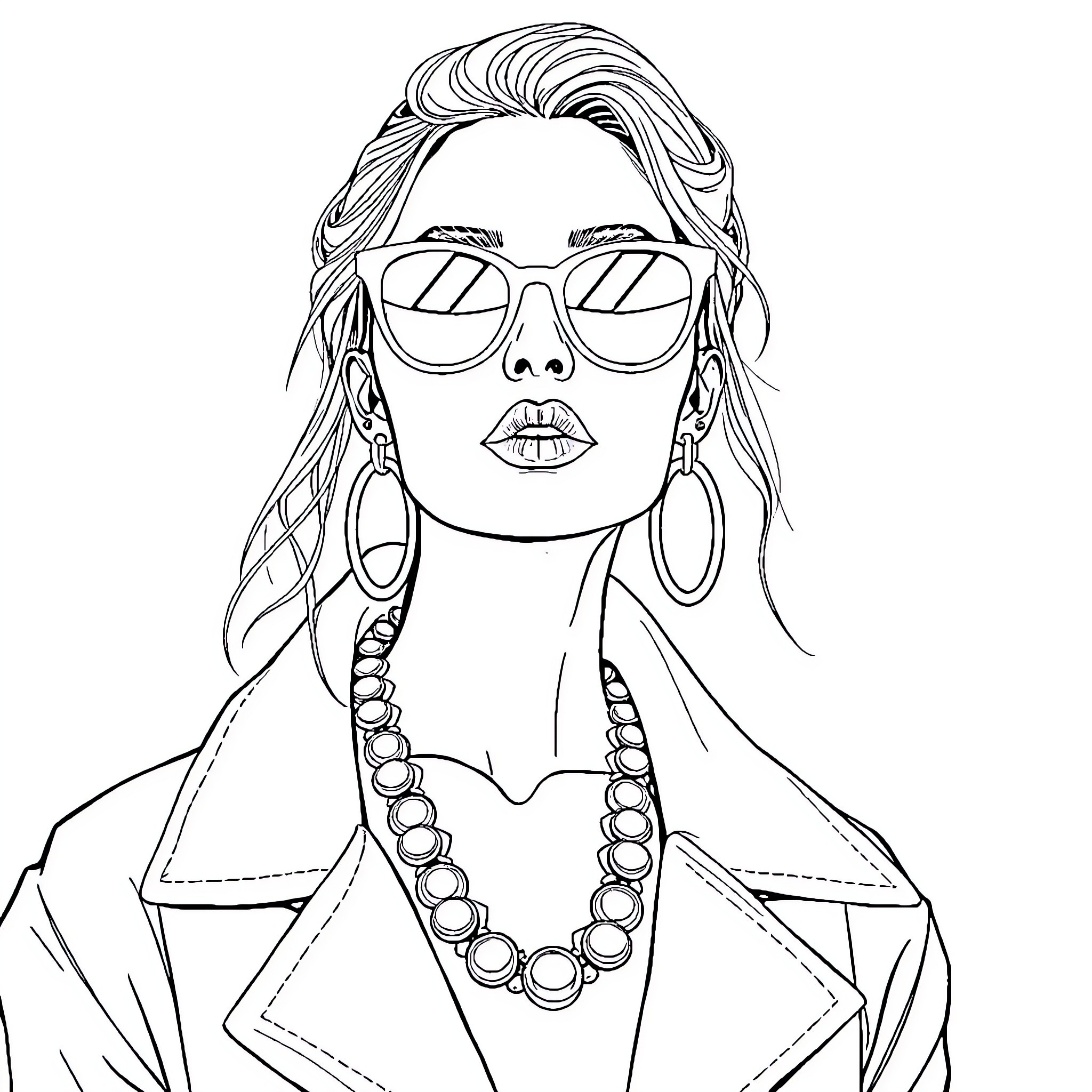 Woman in stylish sunglasses and jewelry Coloring Page (free black-and-white line drawing printable PDF for all, from beginners to advanced learners, including children, teens, adults, and seniors)