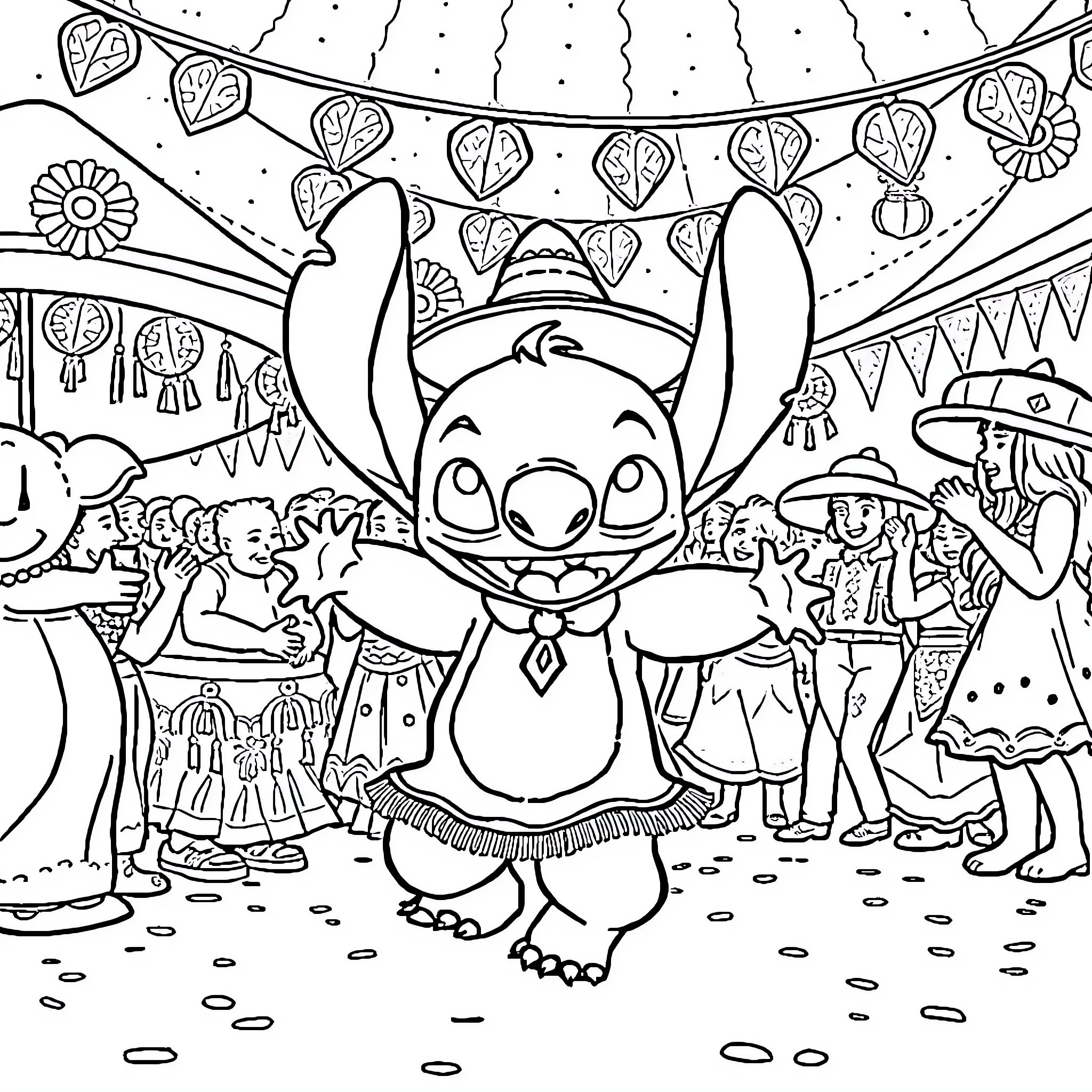 Stitch celebrating a festive occasion with friends Coloring Page (free black-and-white line drawing printable PDF for all, from beginners to advanced learners, including children, teens, adults, and seniors)