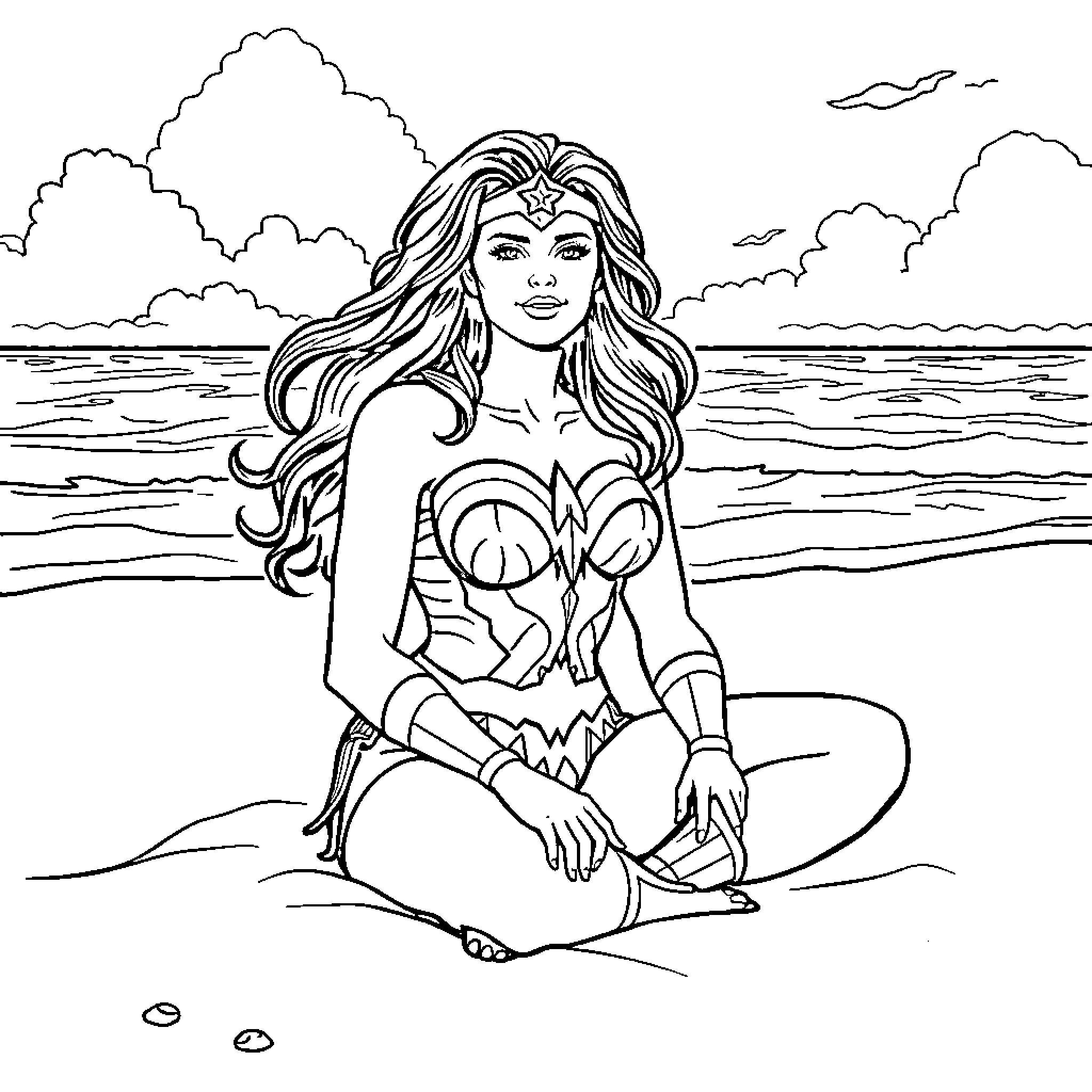 Wonder Woman resting on the beach Coloring Page (free black-and-white line drawing printable PDF for all, from beginners to advanced learners, including children, teens, adults, and seniors)