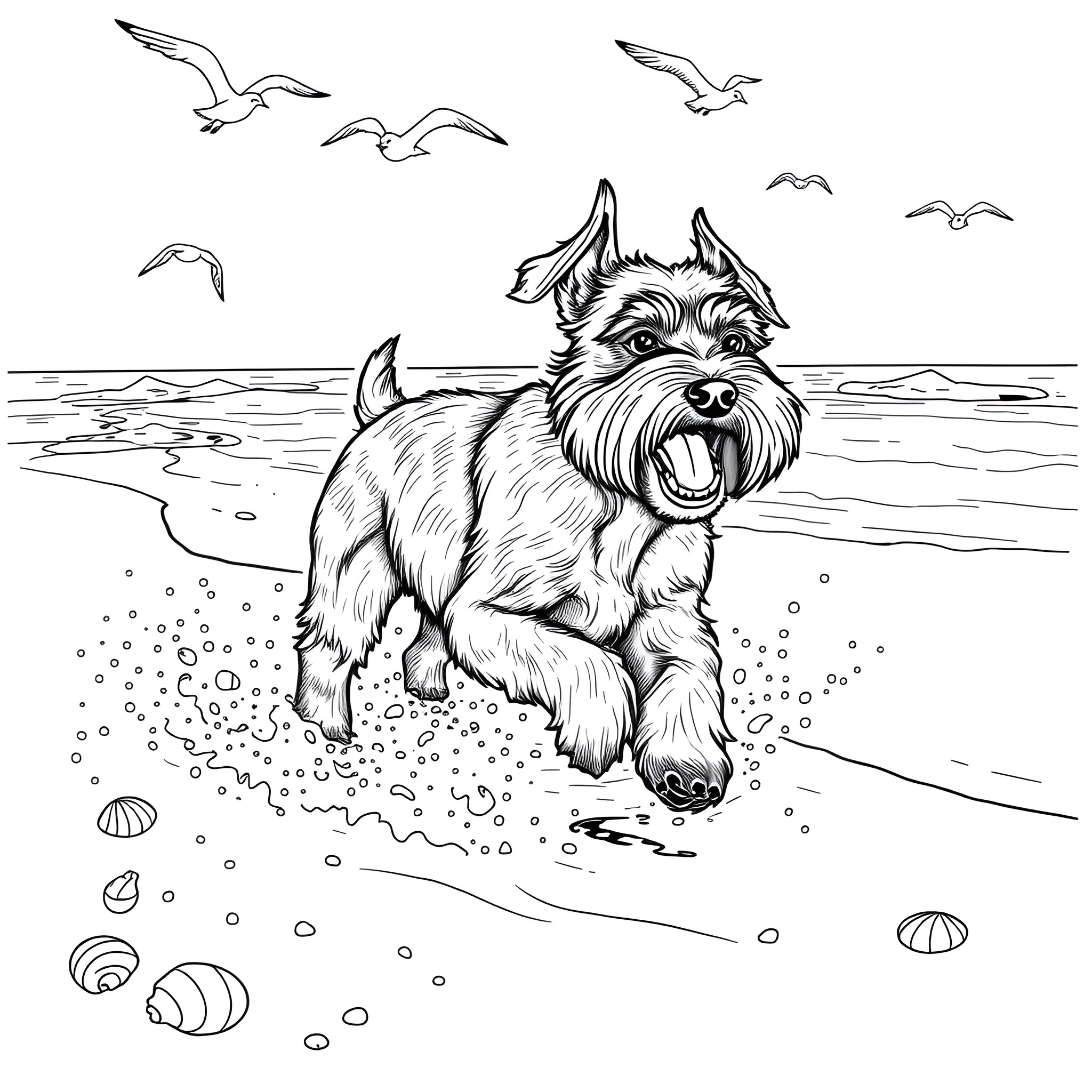 Schnauzer playing joyfully on the beach Coloring Page (free black-and-white line drawing printable PDF for all, from beginners to advanced learners, including children, teens, adults, and seniors)