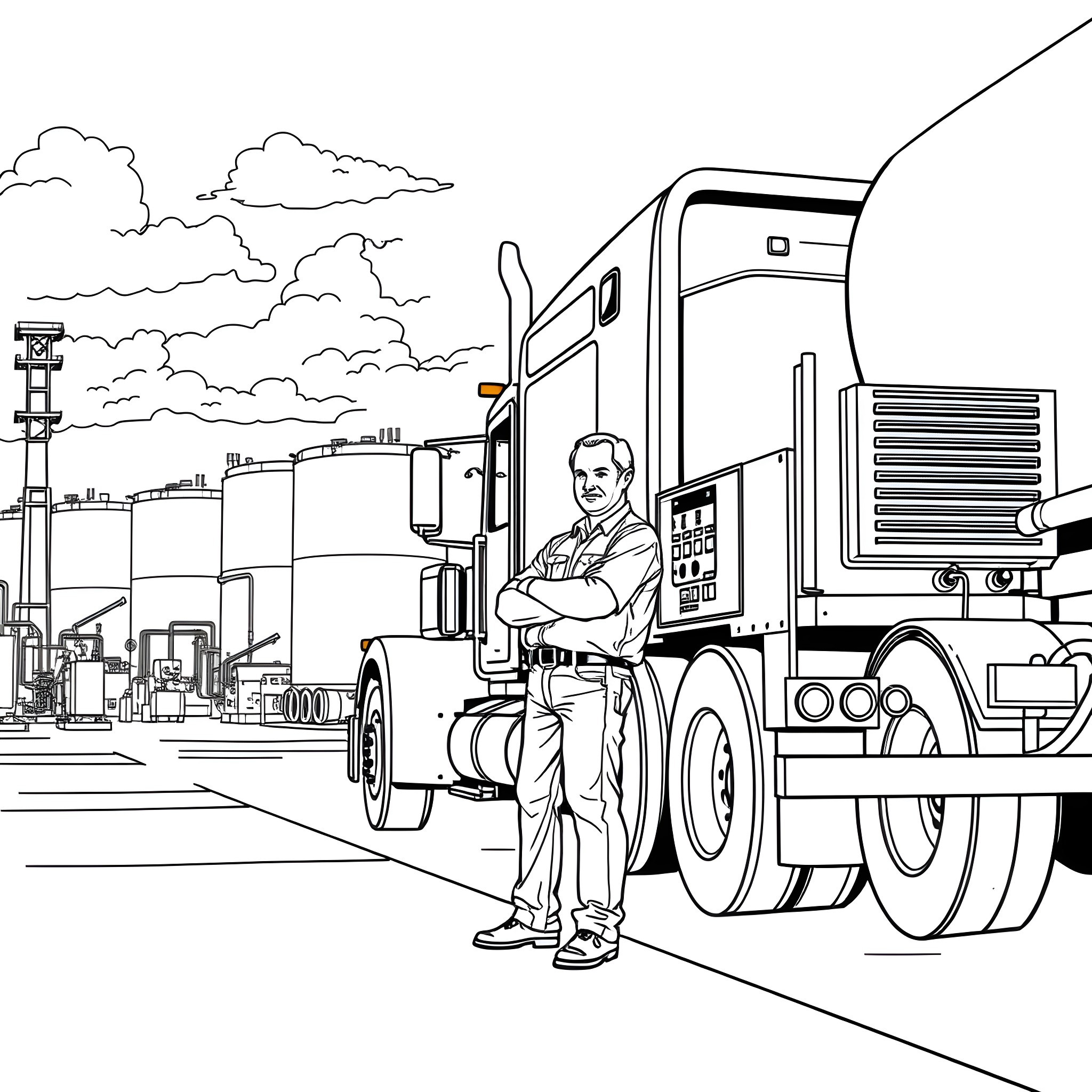 Barry Beecroft, the trucker, stands next to his semi-truck in the city Coloring Page (free black-and-white line drawing printable PDF for all, from beginners to advanced learners, including children, teens, adults, and seniors)