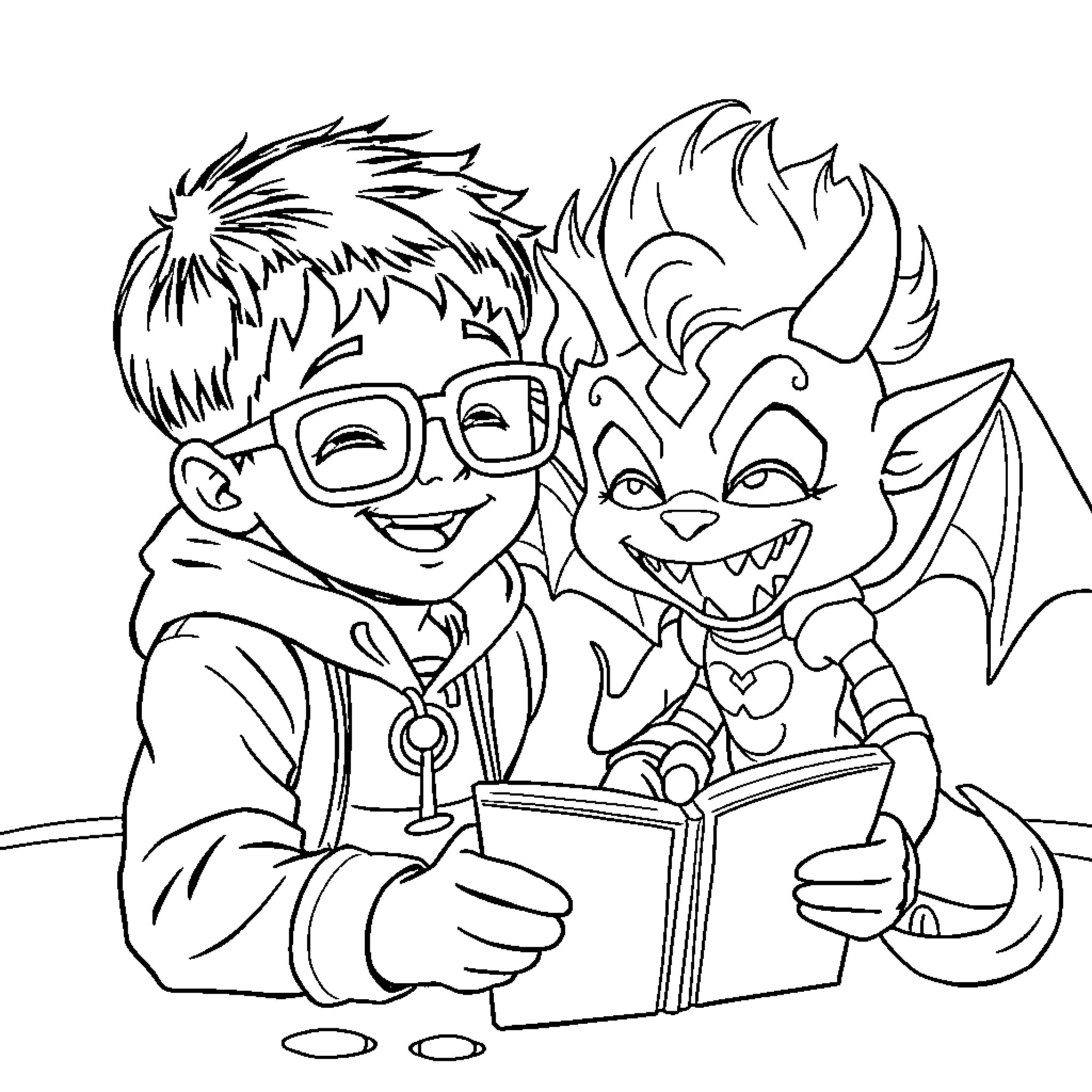 Boy reading a book with a mischievous monster friend Coloring Page (free black-and-white line drawing printable PDF for all, from beginners to advanced learners, including children, teens, adults, and seniors)