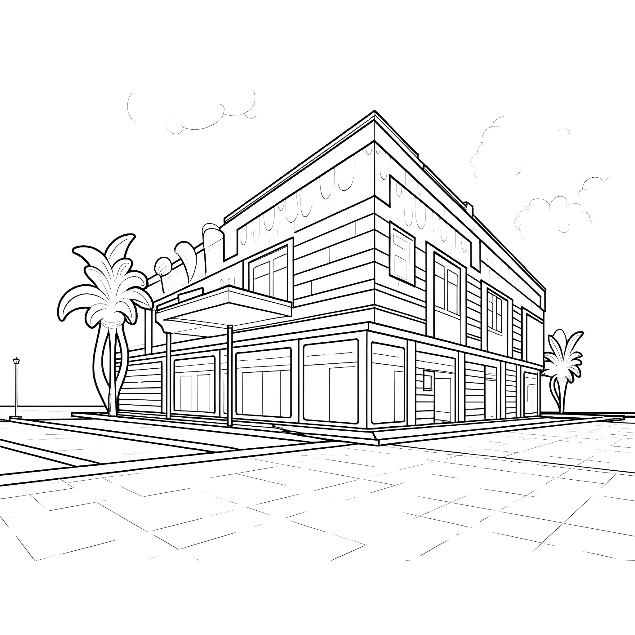 Brainroot - Tropical Commercial Building Illustration Coloring Page (free black-and-white line drawing printable PDF for all, from beginners to advanced learners, including children, teens, adults, and seniors)