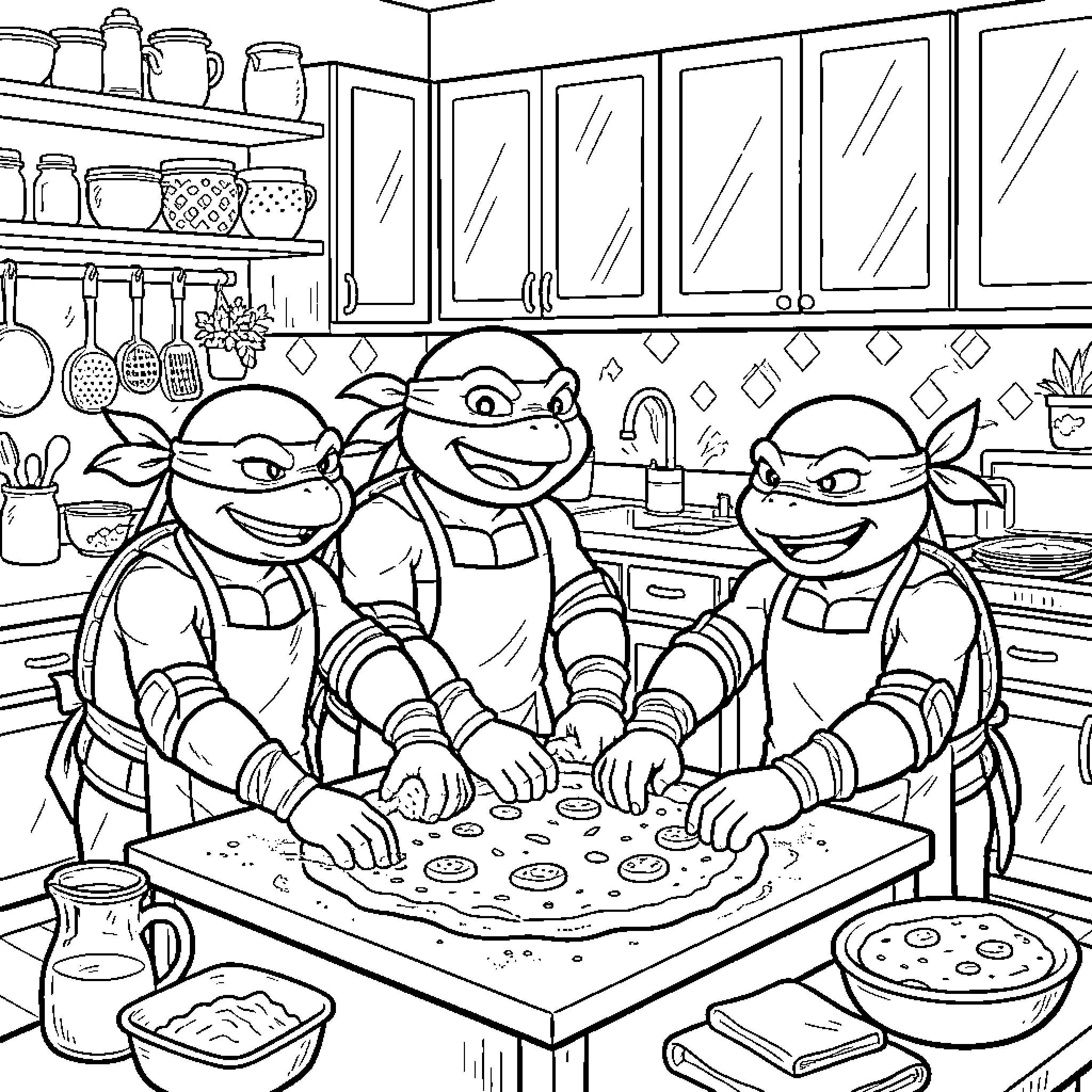 Ninja Turtle Friends Cooking Pizza in the Kitchen Coloring Page (free black-and-white line drawing printable PDF for all, from beginners to advanced learners, including children, teens, adults, and seniors)