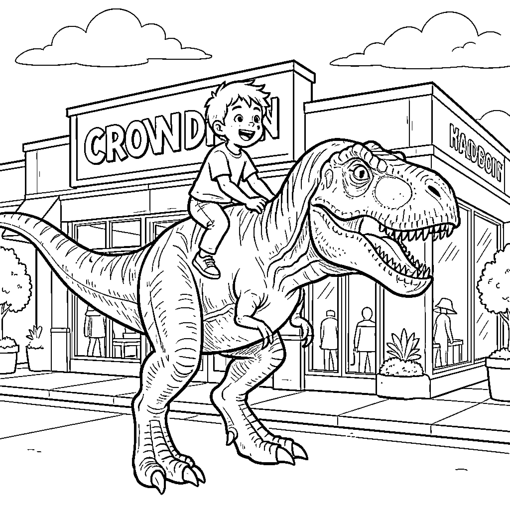Dinosaur carrying a happy child in front of a store Coloring Page (free black-and-white line drawing printable PDF for all, from beginners to advanced learners, including children, teens, adults, and seniors)