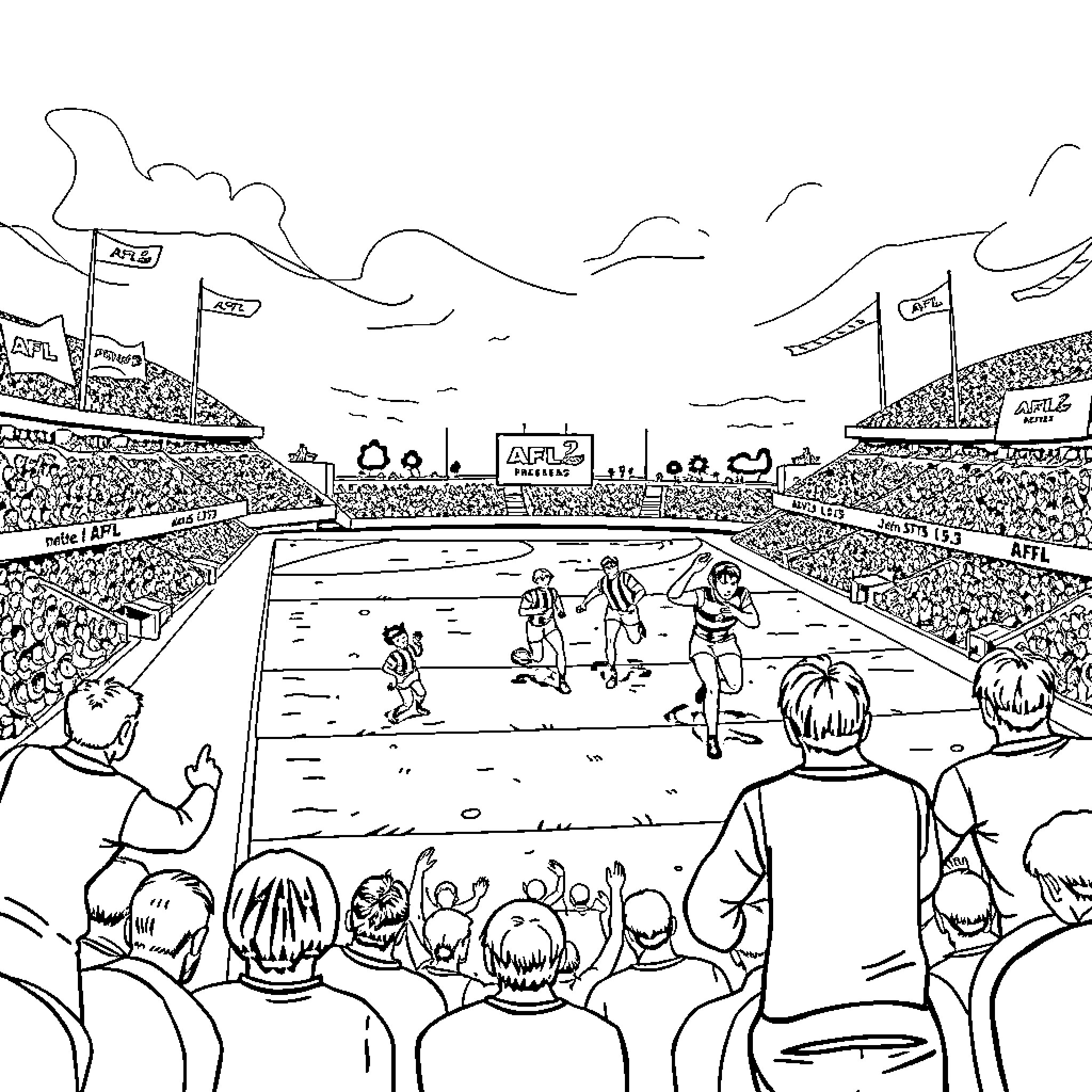 AFL: Players Competing in Exciting Sports Event Coloring Page (free black-and-white line drawing printable PDF for all, from beginners to advanced learners, including children, teens, adults, and seniors)