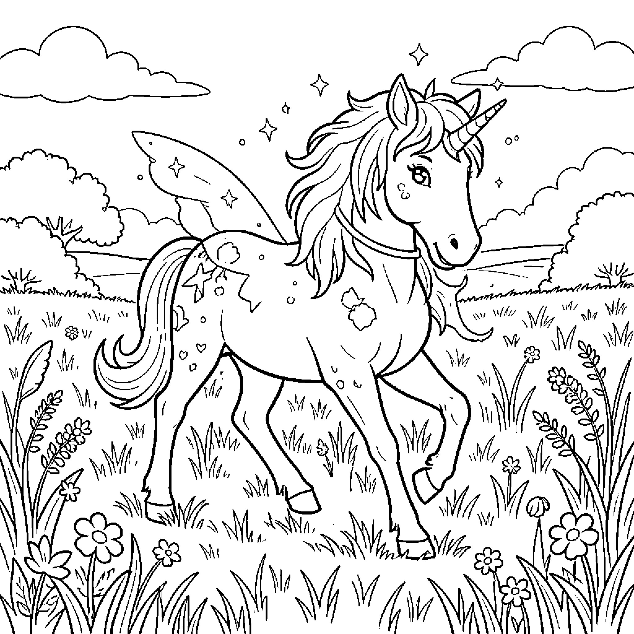 Unicorn galloping through a magical meadow Coloring Page (free black-and-white line drawing printable PDF for all, from beginners to advanced learners, including children, teens, adults, and seniors)