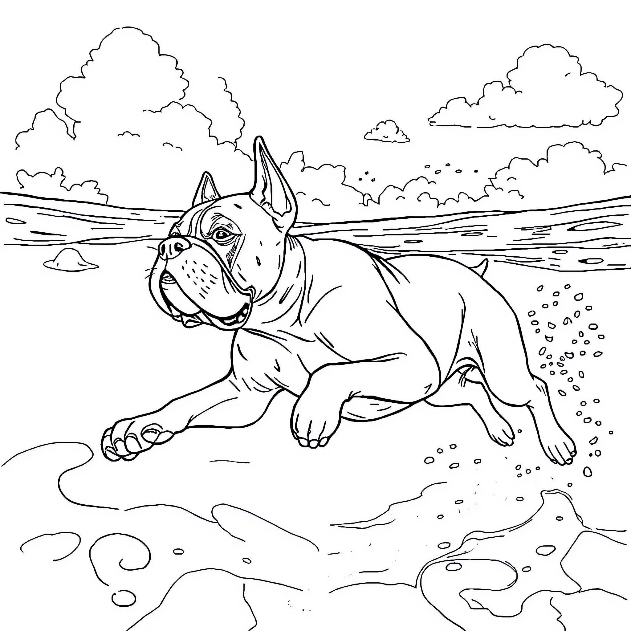 Boxer dog playing happily in the park Coloring Page (free black-and-white line drawing printable PDF for all, from beginners to advanced learners, including children, teens, adults, and seniors)