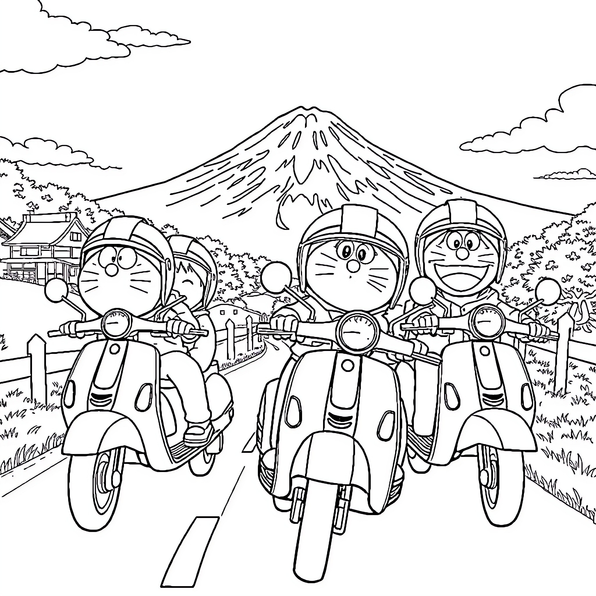 Doraemon and friends enjoy a scenic scooter ride Coloring Page (free black-and-white line drawing printable PDF for all, from beginners to advanced learners, including children, teens, adults, and seniors)