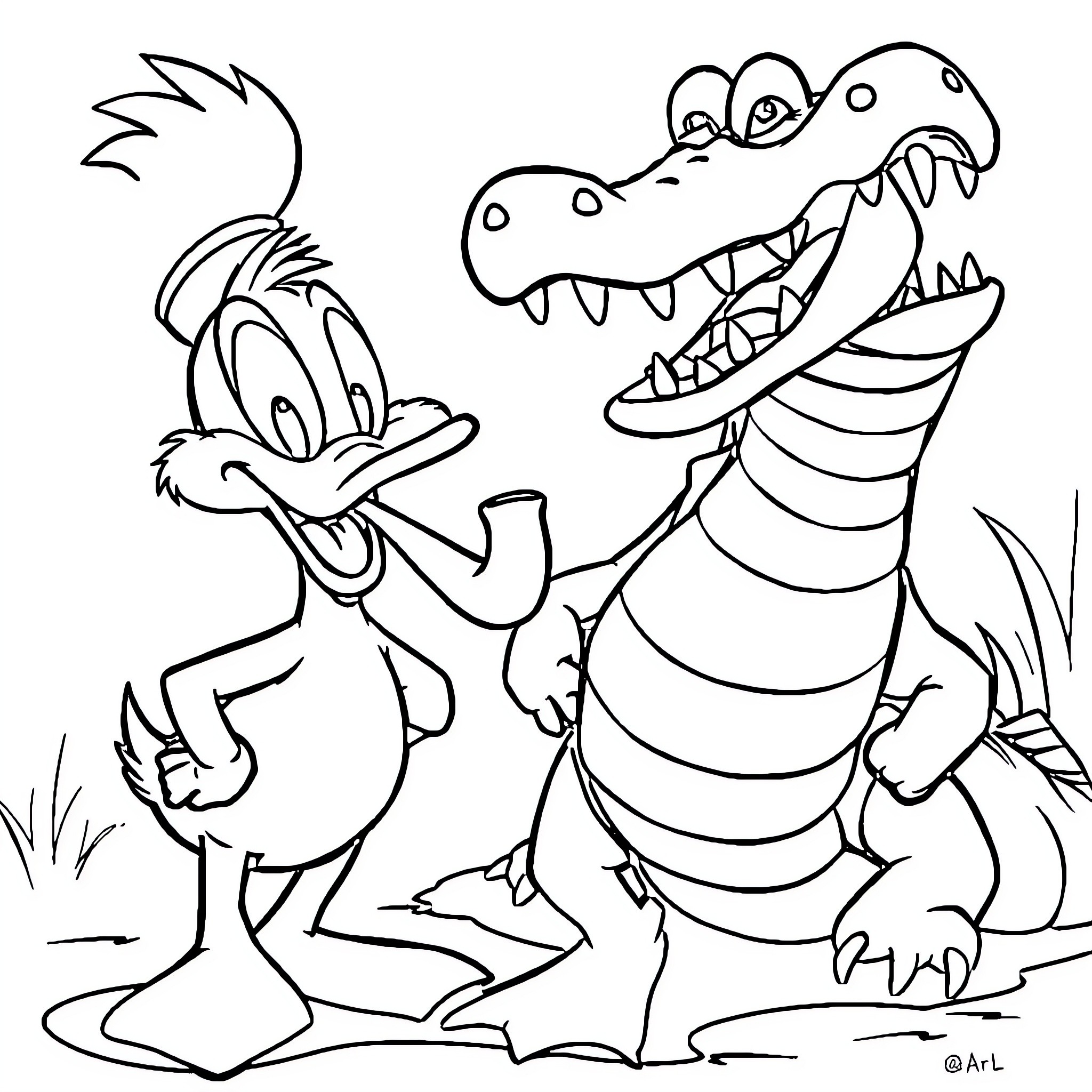 Daffy Duck befriends a mischievous alligator Coloring Page (free black-and-white line drawing printable PDF for all, from beginners to advanced learners, including children, teens, adults, and seniors)
