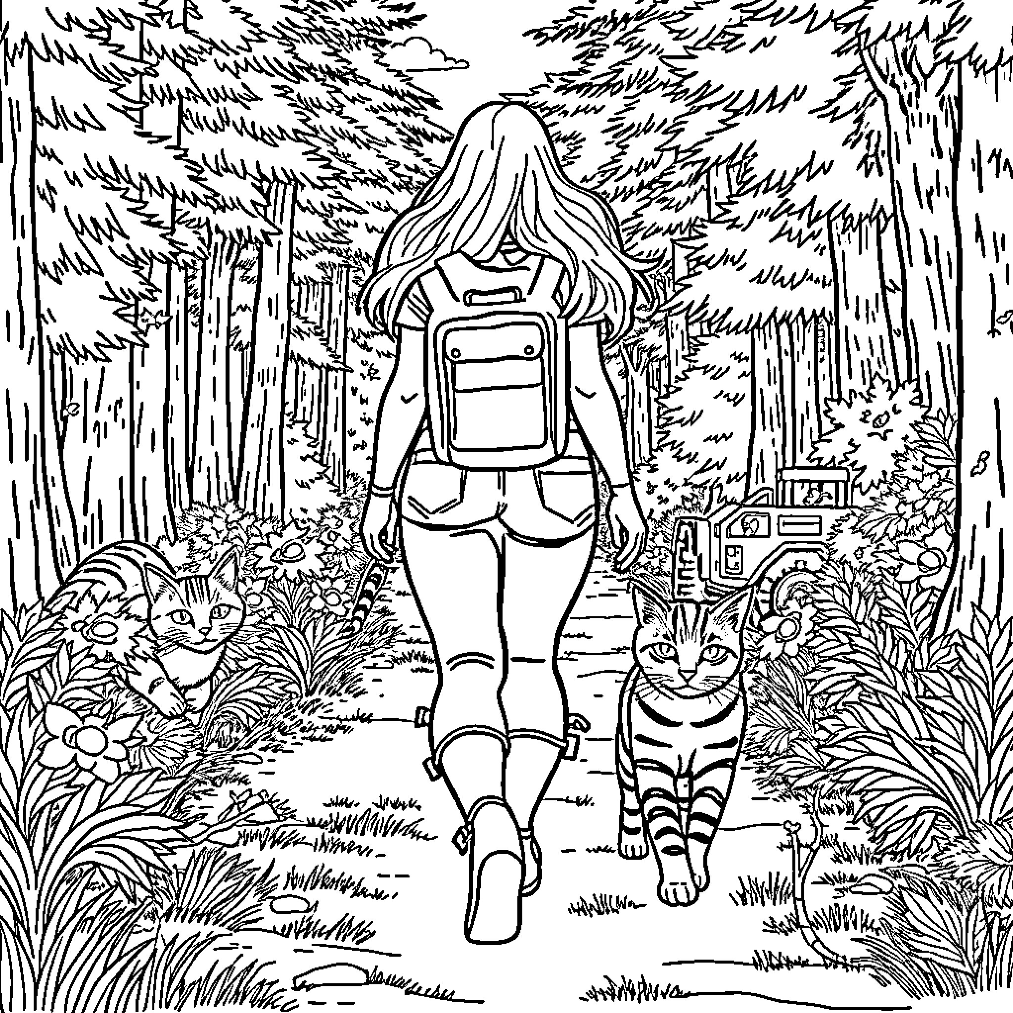 Woman explores forest path with two cats Coloring Page (free black-and-white line drawing printable PDF for all, from beginners to advanced learners, including children, teens, adults, and seniors)
