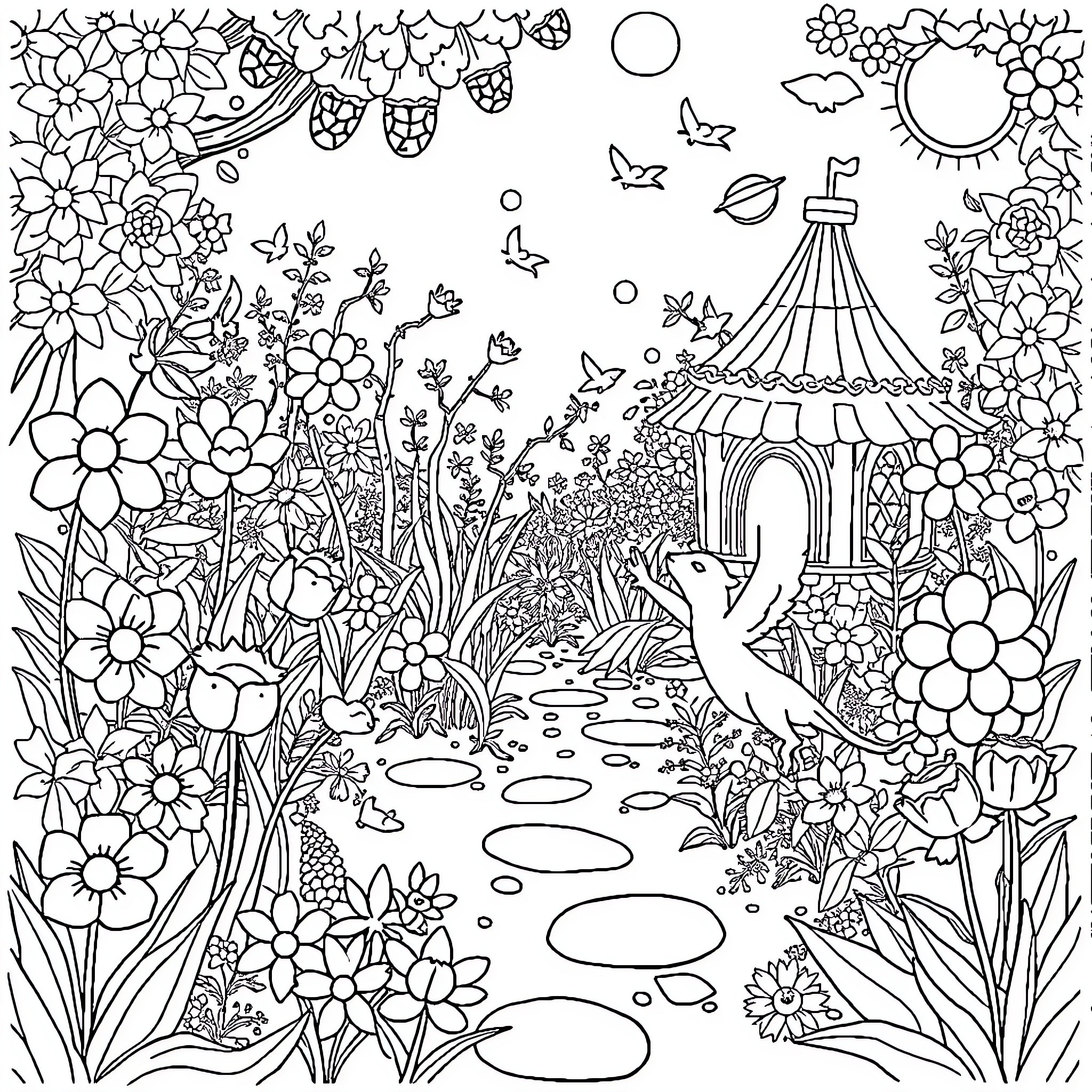 Garten of Banban: Whimsical garden with flowers, butterflies, and a gazebo Coloring Page (free black-and-white line drawing printable PDF for all, from beginners to advanced learners, including children, teens, adults, and seniors)