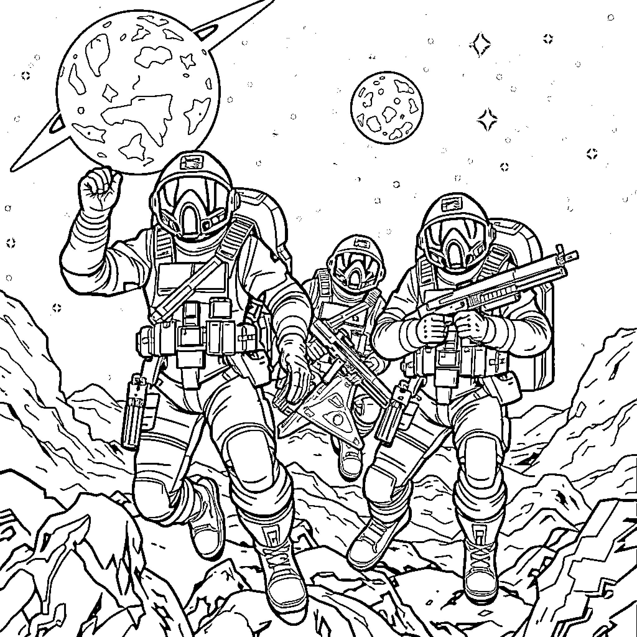 Helldivers: Astronauts on a perilous mission in space Coloring Page (free black-and-white line drawing printable PDF for all, from beginners to advanced learners, including children, teens, adults, and seniors)