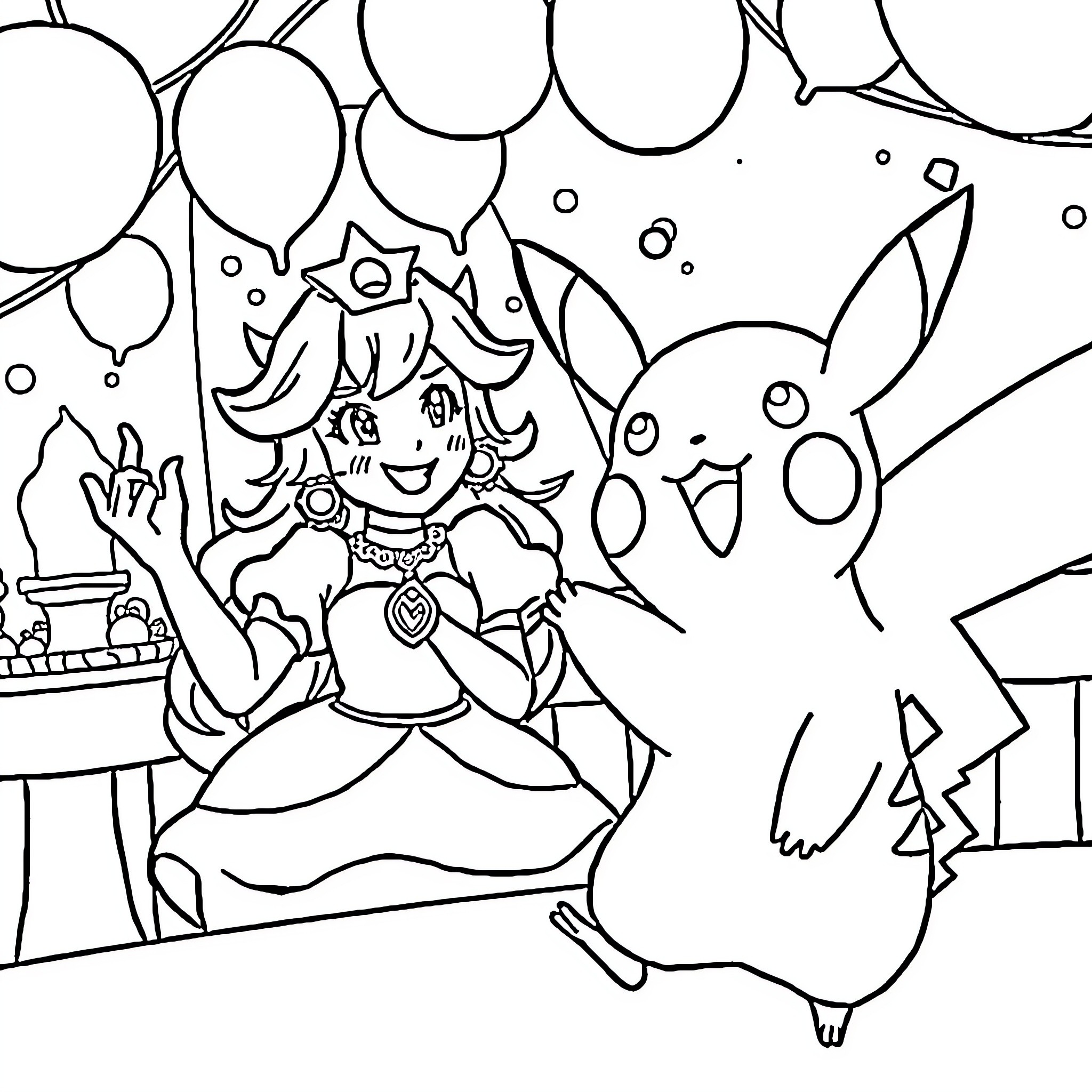 Pikachu and Princess Celebrating with Balloons Coloring Page (free black-and-white line drawing printable PDF for all, from beginners to advanced learners, including children, teens, adults, and seniors)