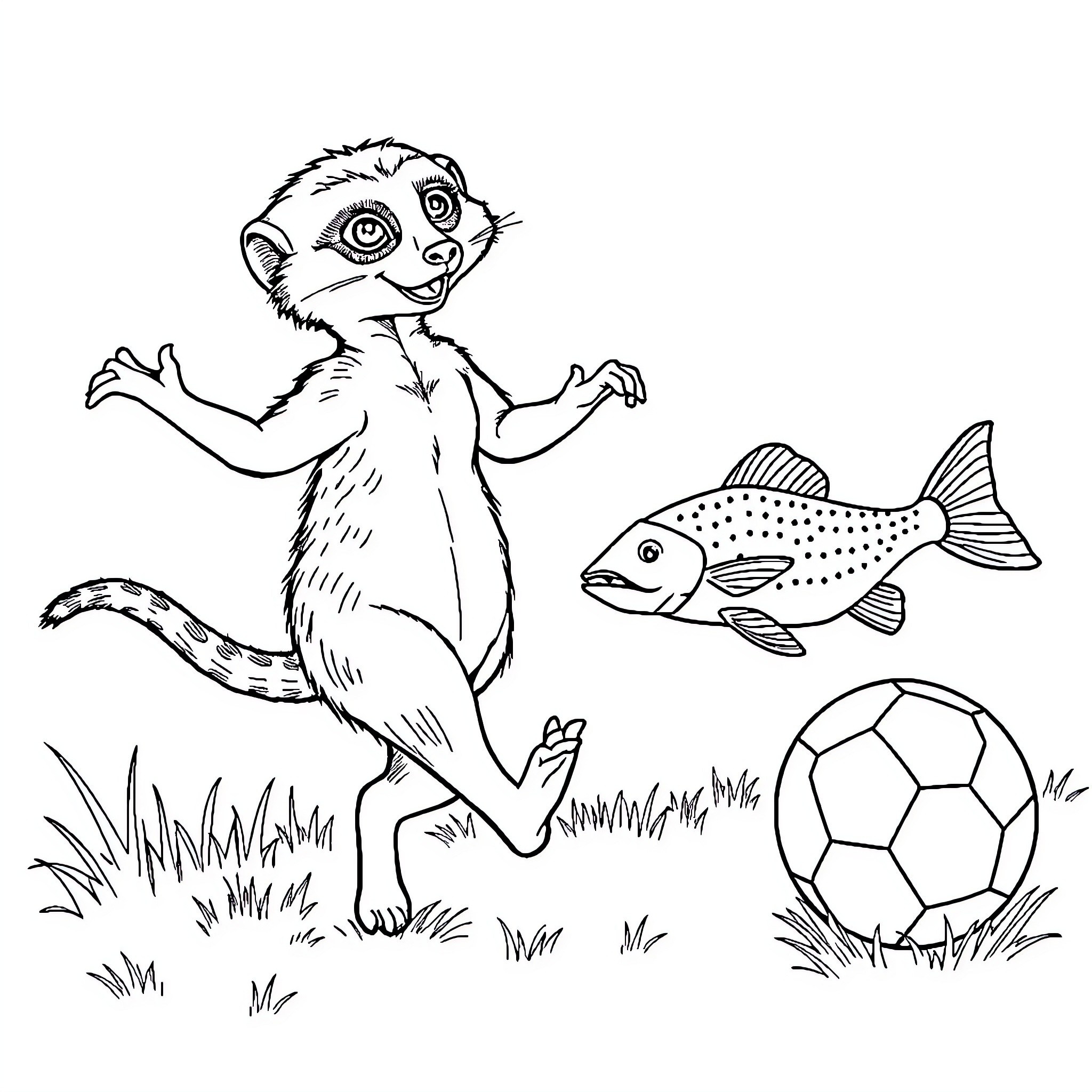 Meerkat playing joyfully with fish and ball Coloring Page (free black-and-white line drawing printable PDF for all, from beginners to advanced learners, including children, teens, adults, and seniors)