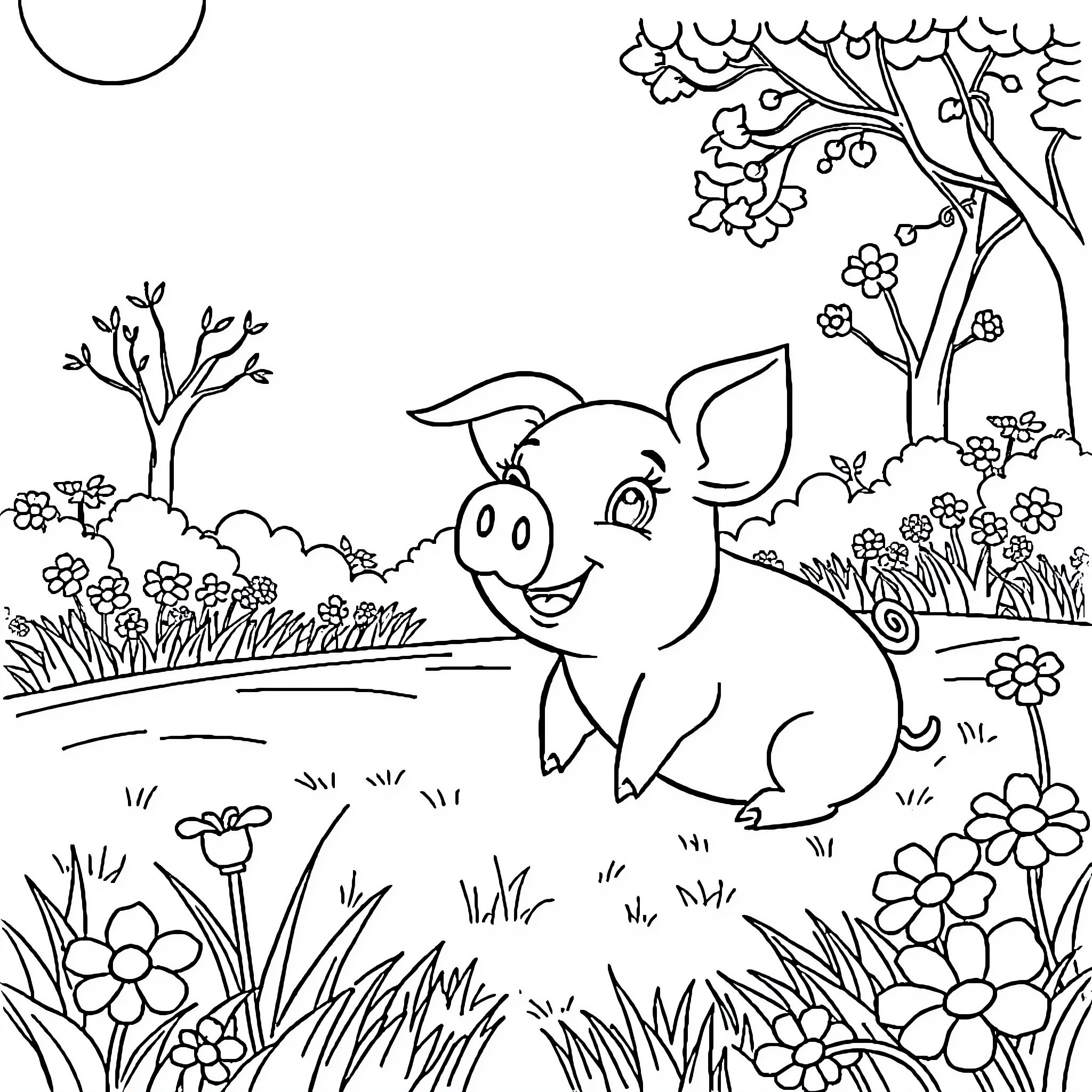 Miss Piggy joyfully frolicking in a whimsical garden Coloring Page (free black-and-white line drawing printable PDF for all, from beginners to advanced learners, including children, teens, adults, and seniors)