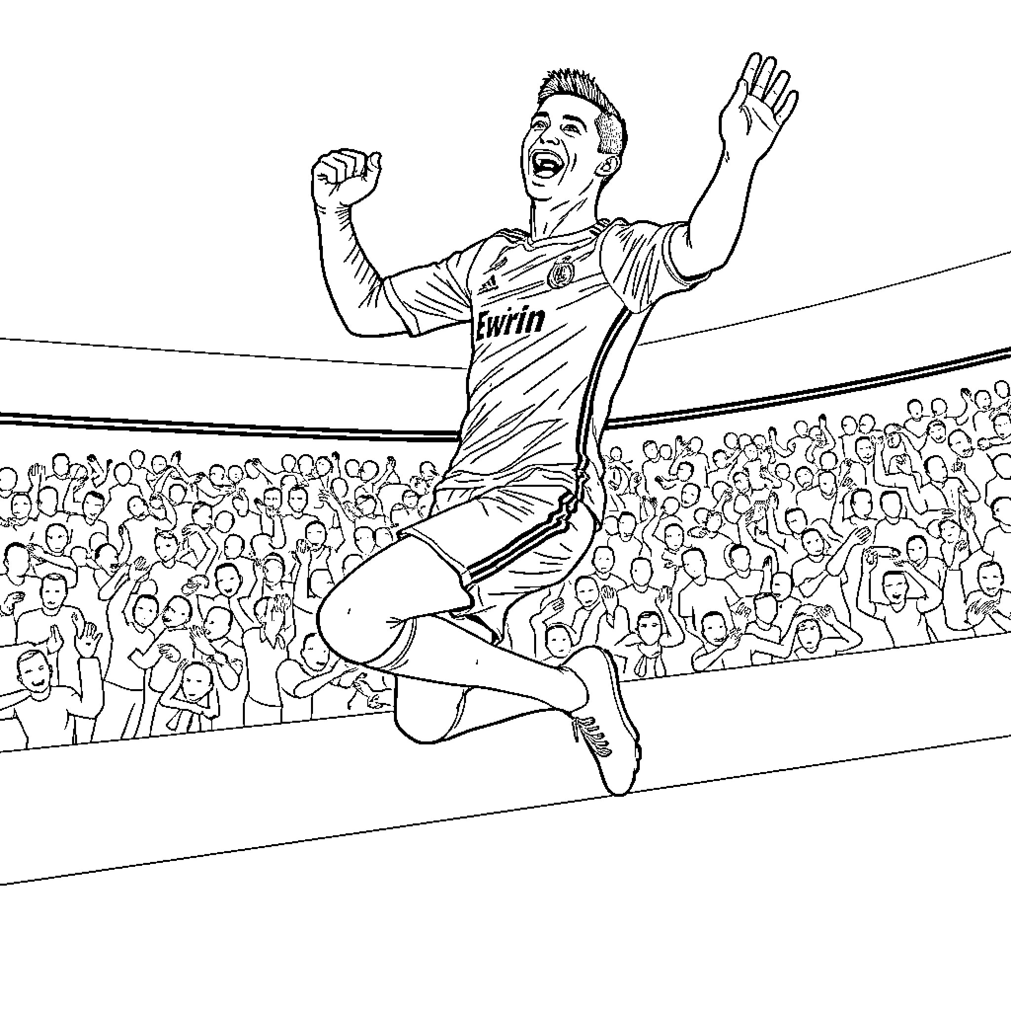 Cristiano Ronaldo celebrating a goal in front of cheering crowd Coloring Page (free black-and-white line drawing printable PDF for all, from beginners to advanced learners, including children, teens, adults, and seniors)