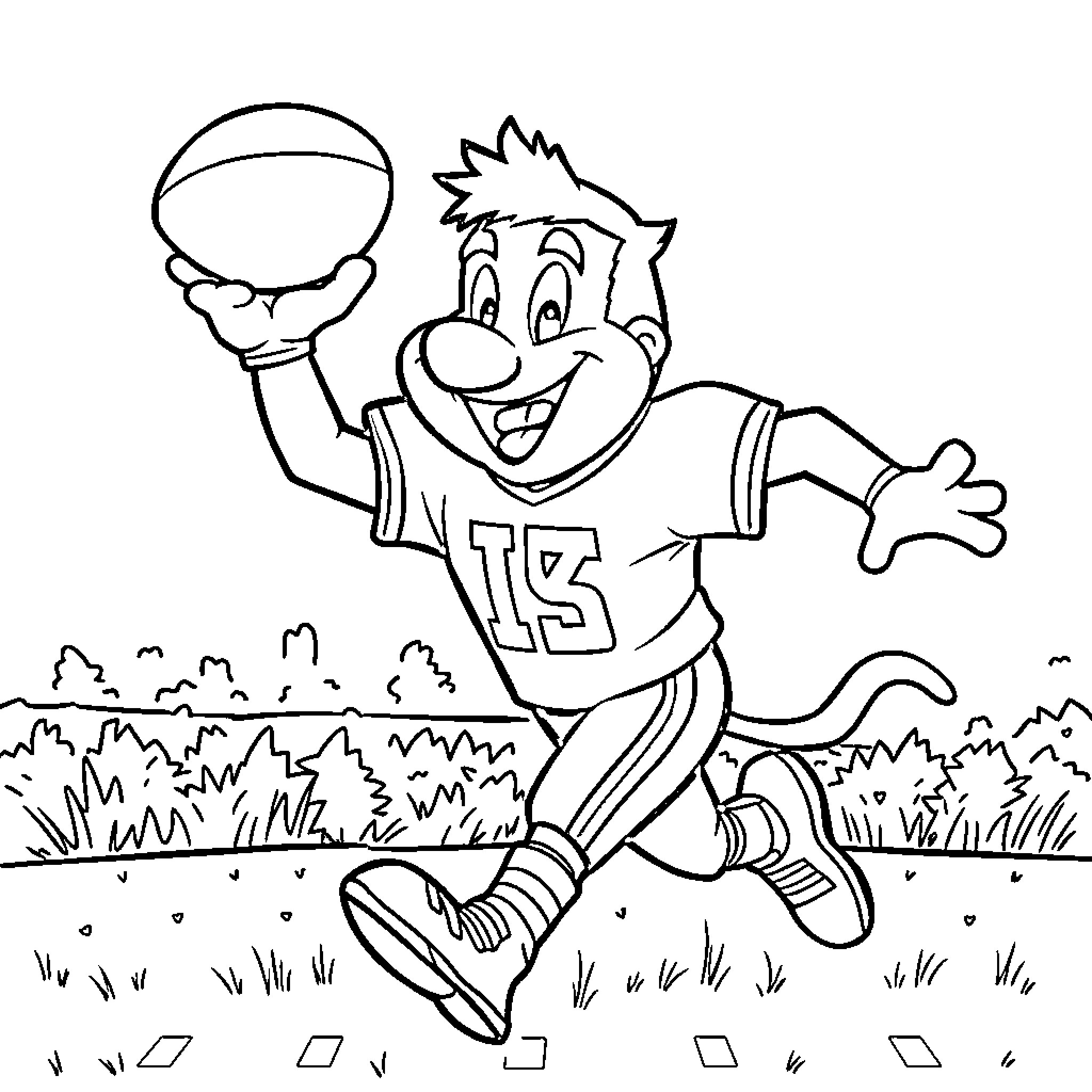 Herbie Husker playing joyfully with a ball Coloring Page (free black-and-white line drawing printable PDF for all, from beginners to advanced learners, including children, teens, adults, and seniors)