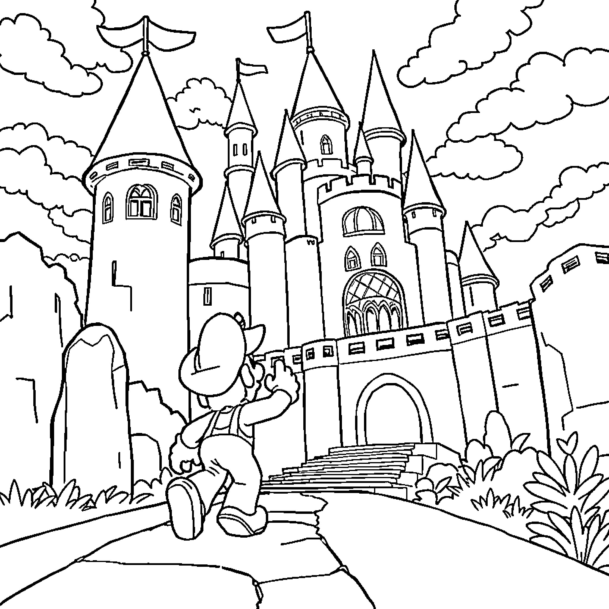 Mario exploring a magical castle in the clouds Coloring Page (free black-and-white line drawing printable PDF for all, from beginners to advanced learners, including children, teens, adults, and seniors)