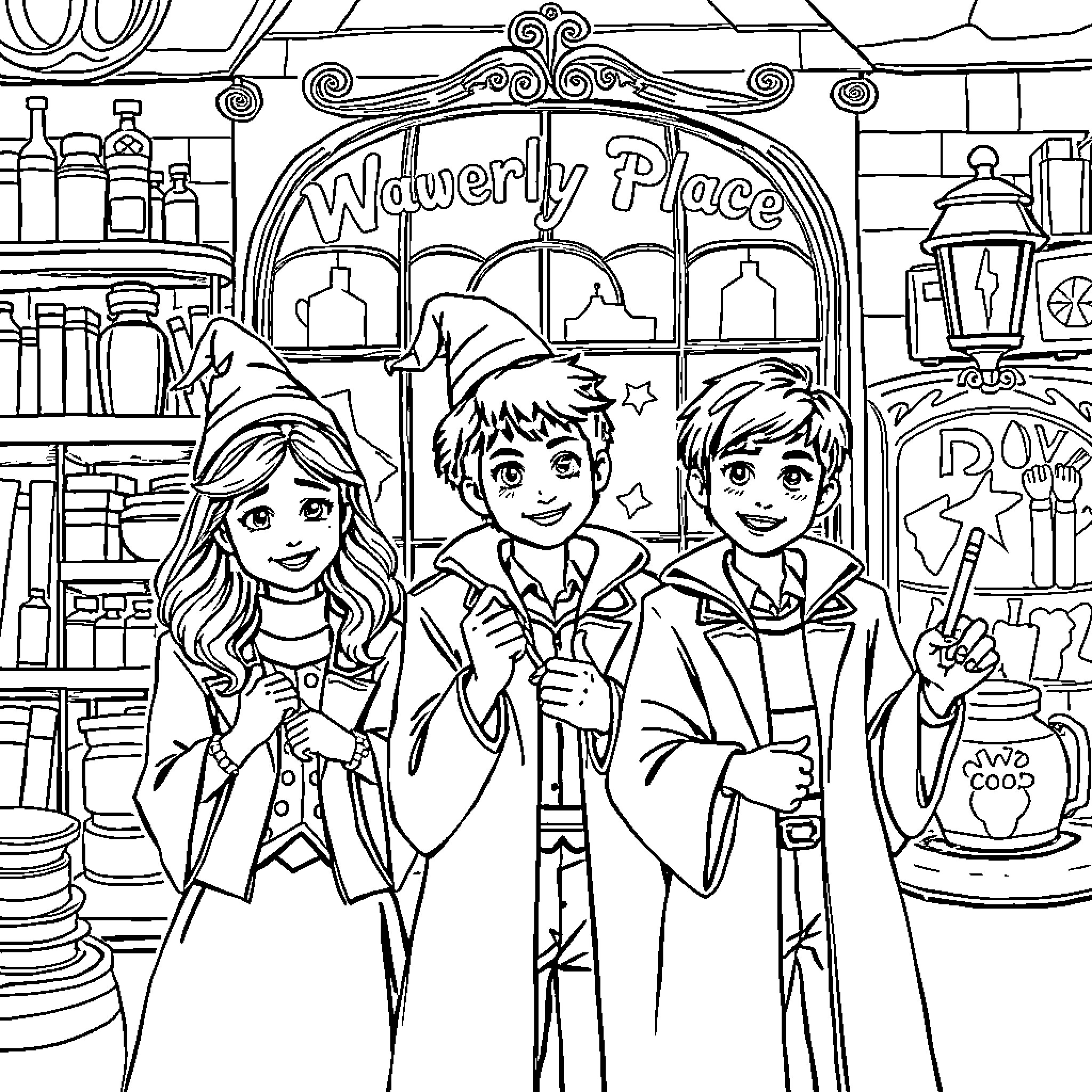 Wizard trio exploring Waverly Place Coloring Page (free black-and-white line drawing printable PDF for all, from beginners to advanced learners, including children, teens, adults, and seniors)