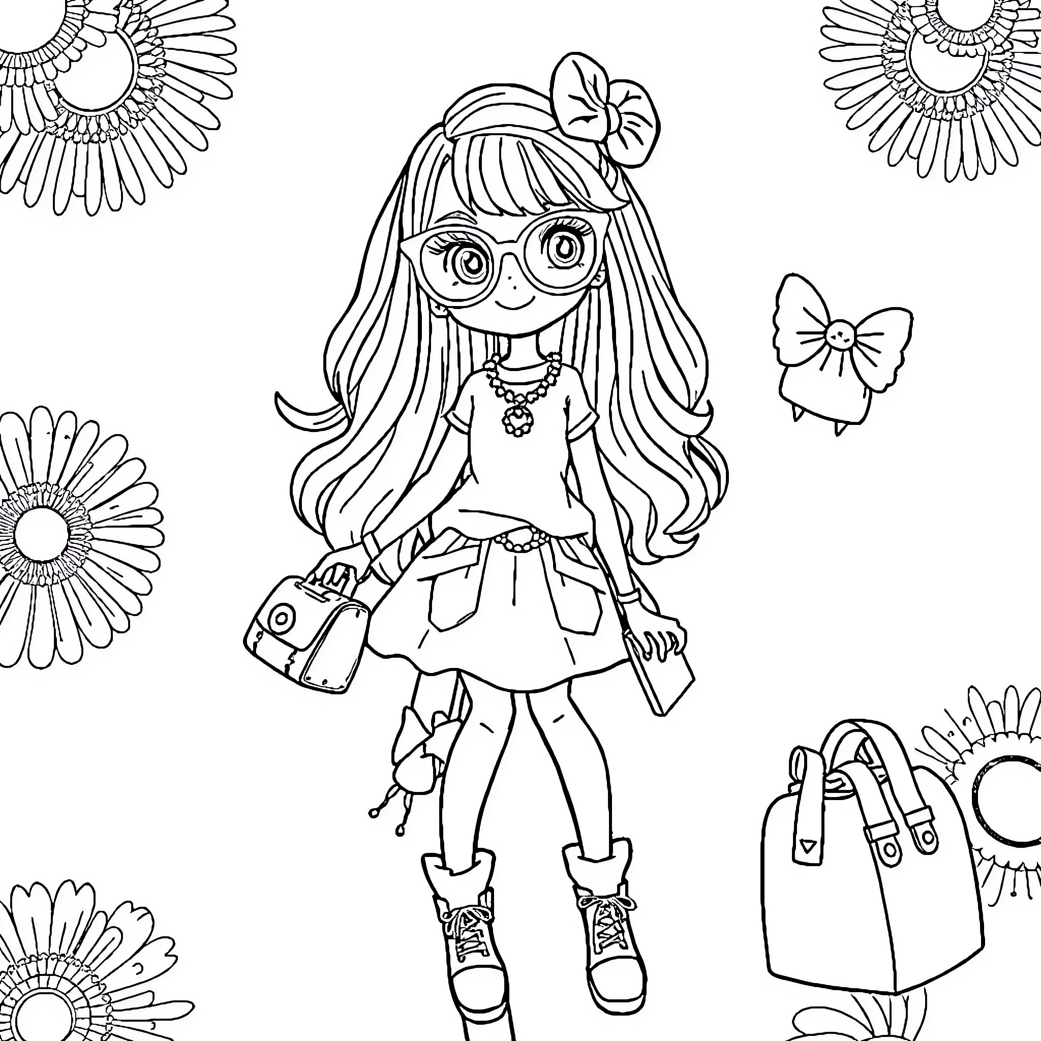 Bobbie Goods Enjoying Fashionable Accessories and Outfits Coloring Page (free black-and-white line drawing printable PDF for all, from beginners to advanced learners, including children, teens, adults, and seniors)