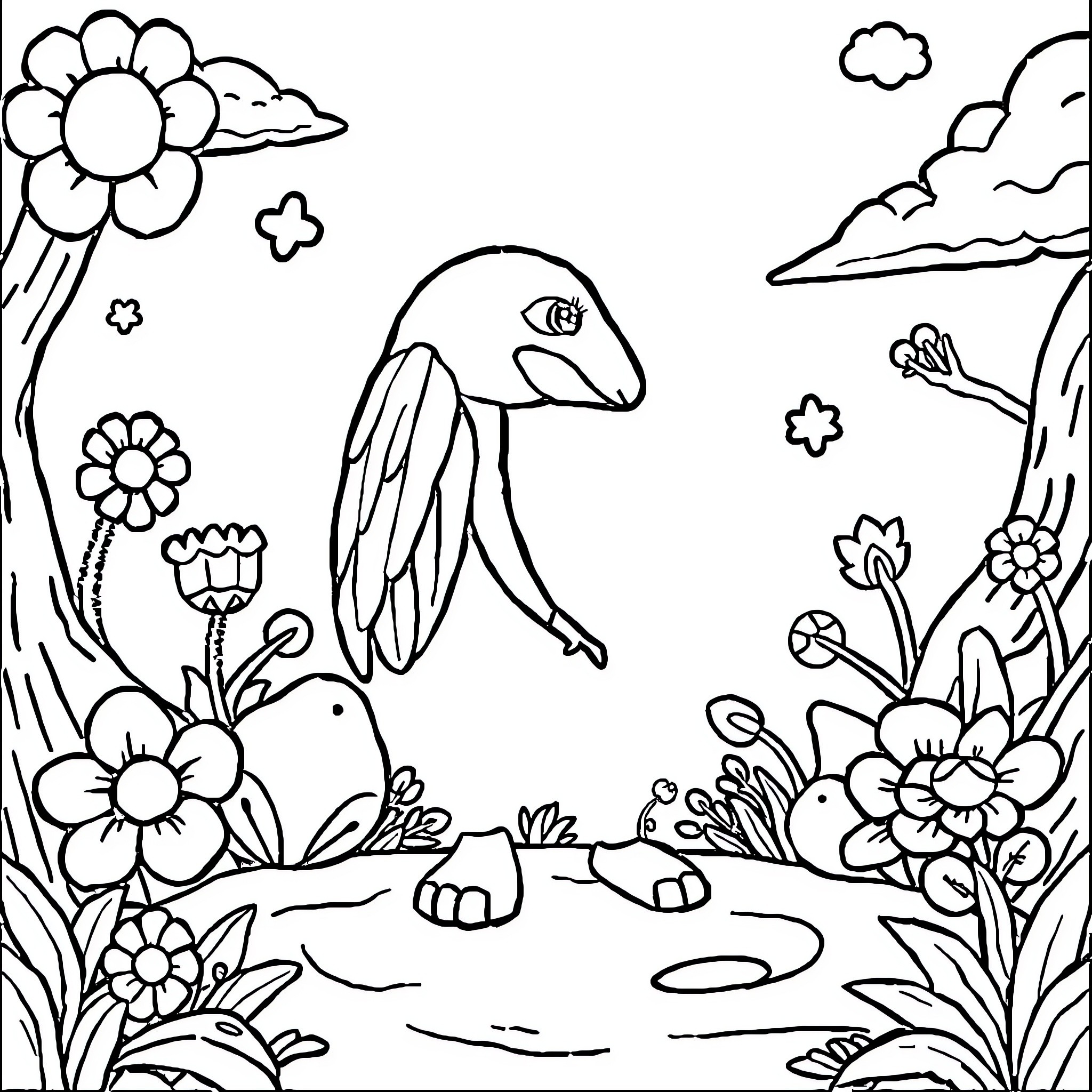 Book of Whimsical Garden Creatures Coloring Page (free black-and-white line drawing printable PDF for all, from beginners to advanced learners, including children, teens, adults, and seniors)
