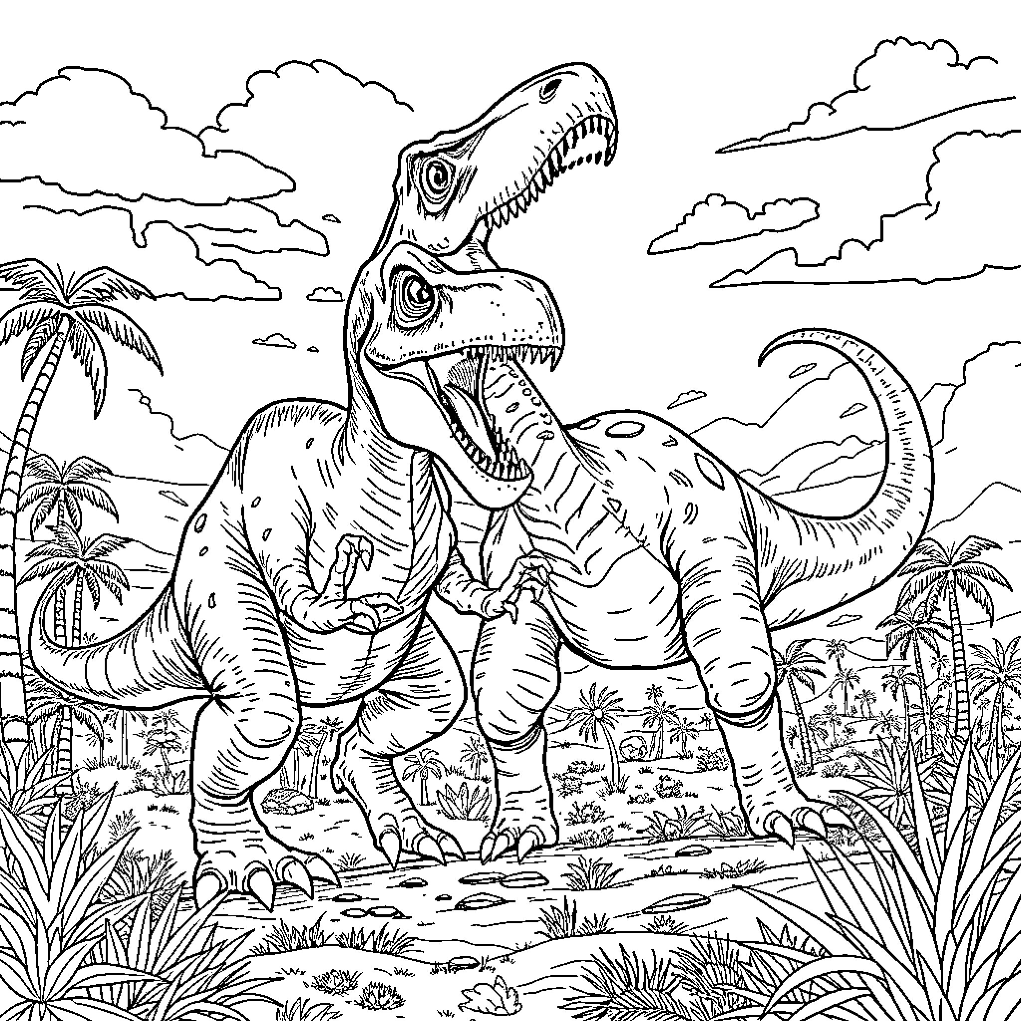 Dinosaur Duo Roaring in Prehistoric Landscape Coloring Page (free black-and-white line drawing printable PDF for all, from beginners to advanced learners, including children, teens, adults, and seniors)