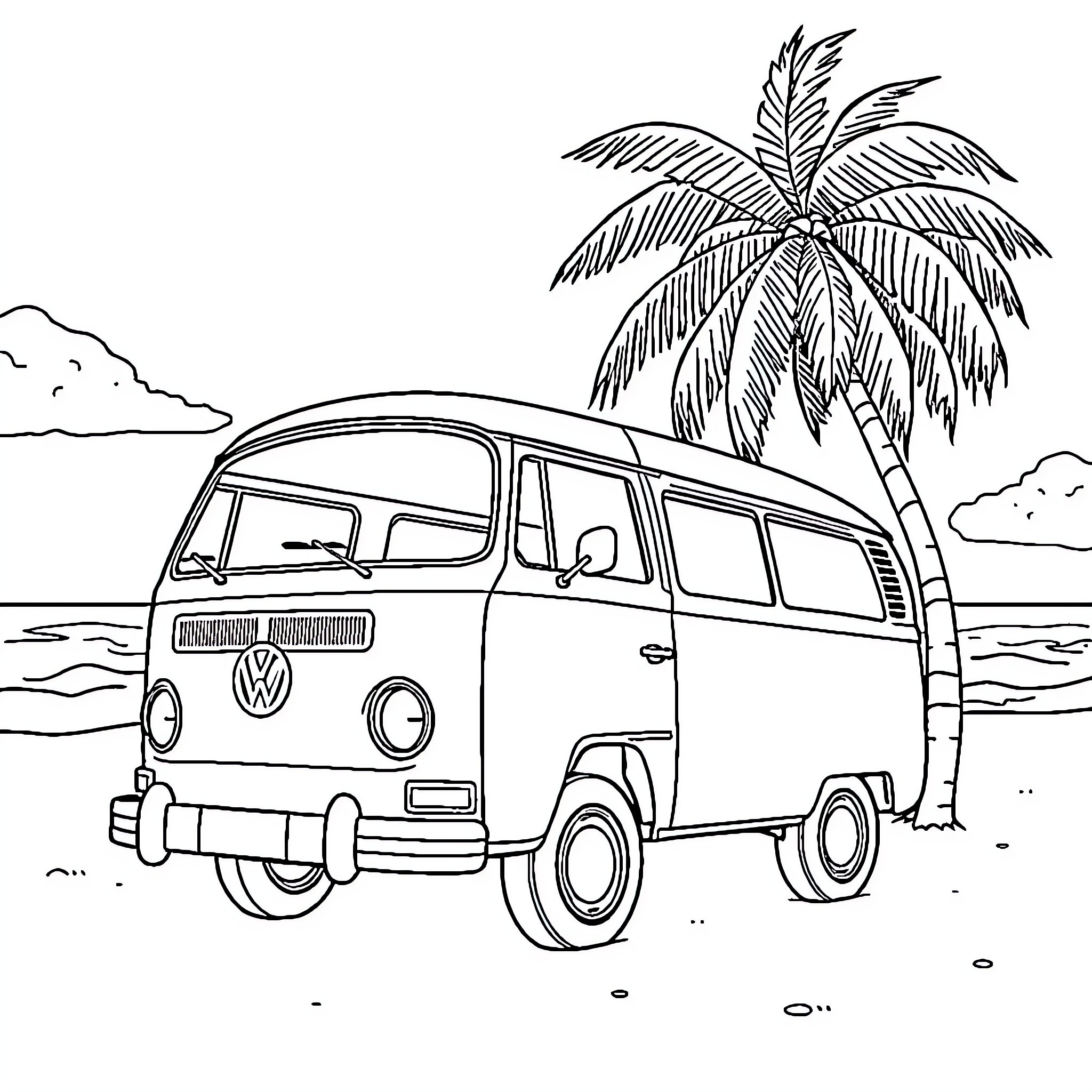 Vw Combi parked on beach with palm tree Coloring Page (free black-and-white line drawing printable PDF for all, from beginners to advanced learners, including children, teens, adults, and seniors)