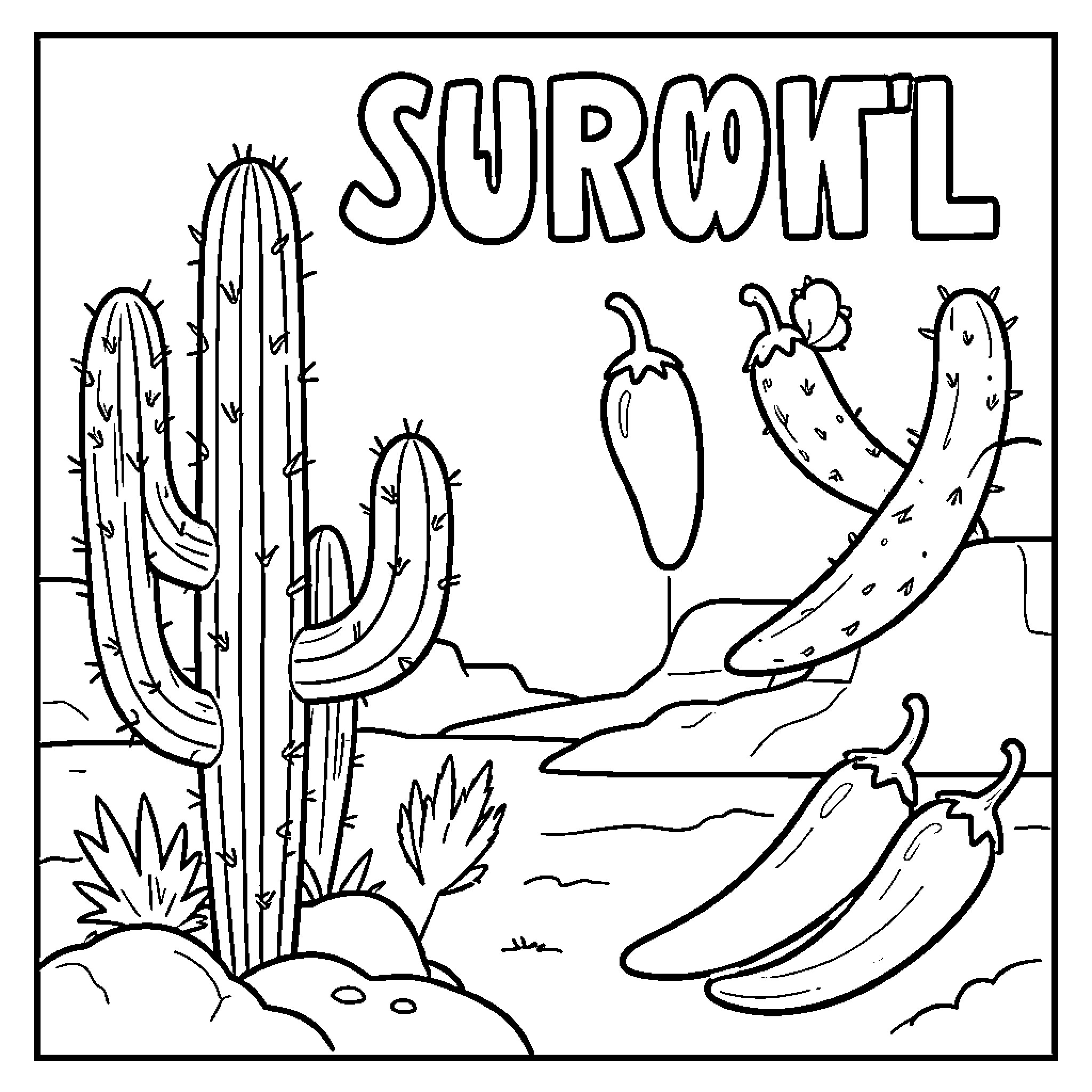 Cactus standing in a desert landscape with peppers Coloring Page (free black-and-white line drawing printable PDF for all, from beginners to advanced learners, including children, teens, adults, and seniors)