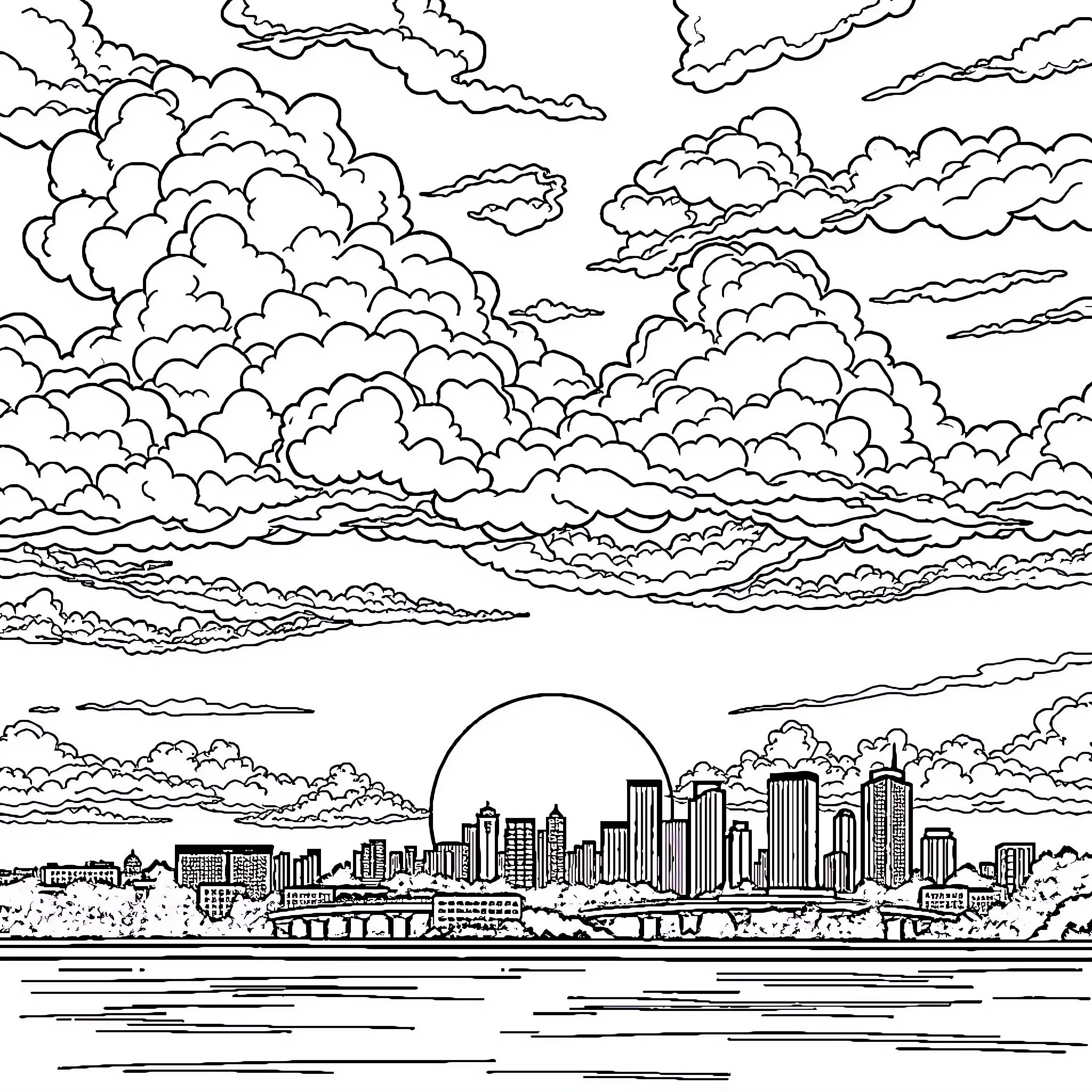 Sunset over the city skyline Coloring Page (free black-and-white line drawing printable PDF for all, from beginners to advanced learners, including children, teens, adults, and seniors)