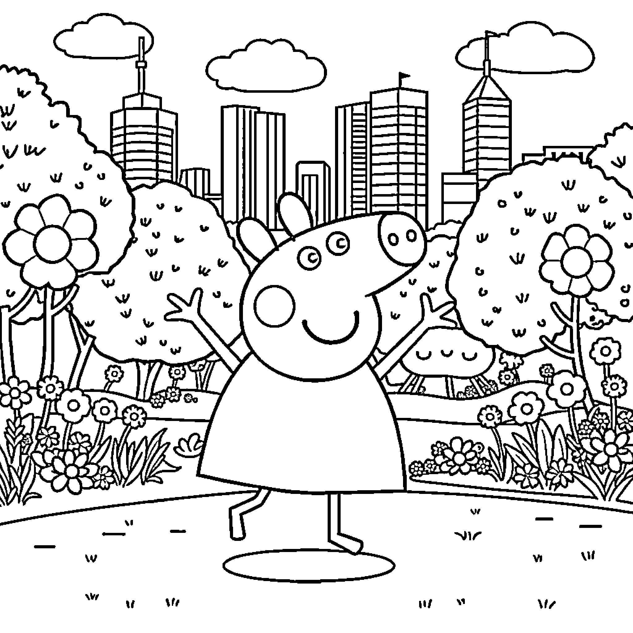 Peppa Pig enjoying nature in the city park Coloring Page (free black-and-white line drawing printable PDF for all, from beginners to advanced learners, including children, teens, adults, and seniors)