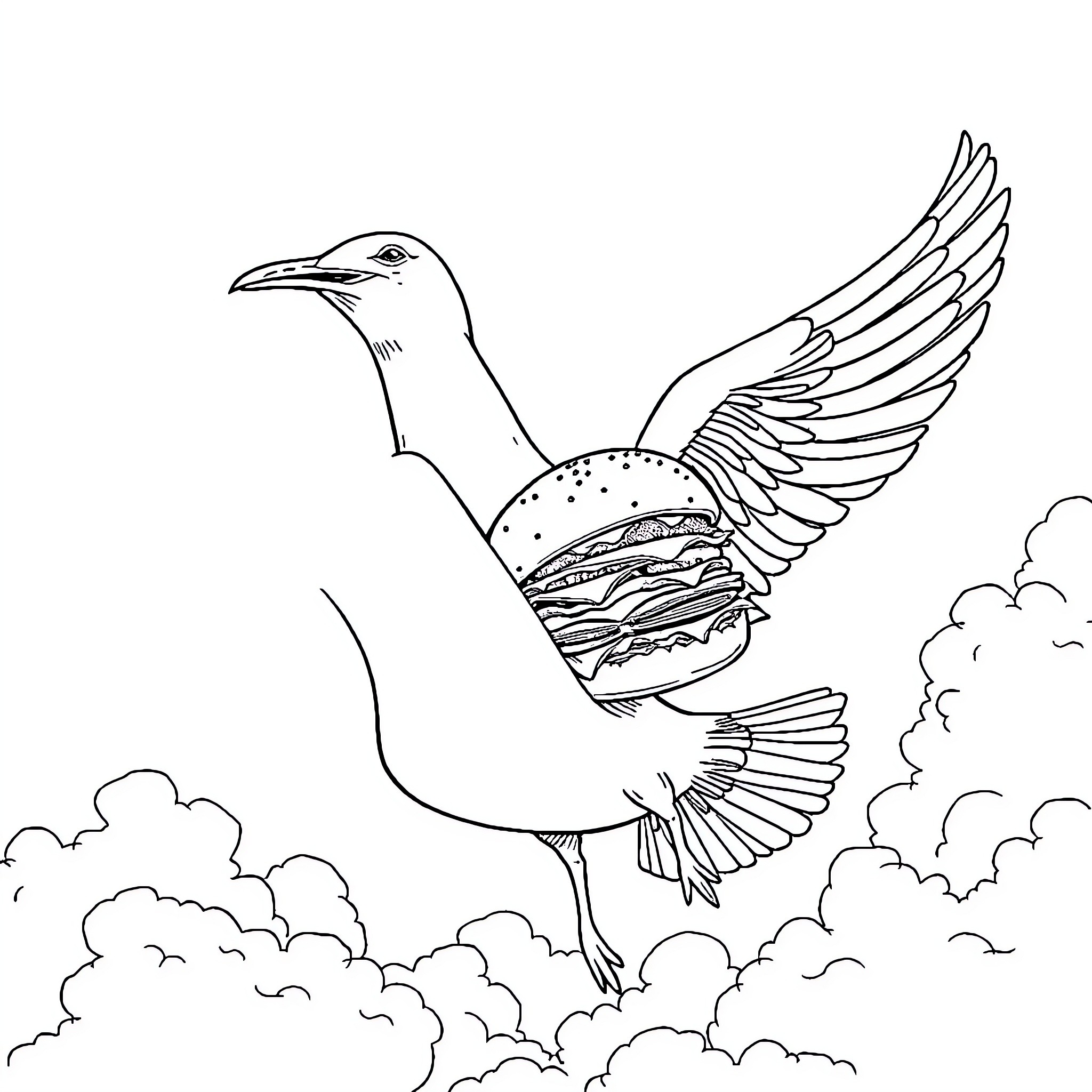 Nicolas Cage as a soaring burger-bird in the clouds Coloring Page (free black-and-white line drawing printable PDF for all, from beginners to advanced learners, including children, teens, adults, and seniors)