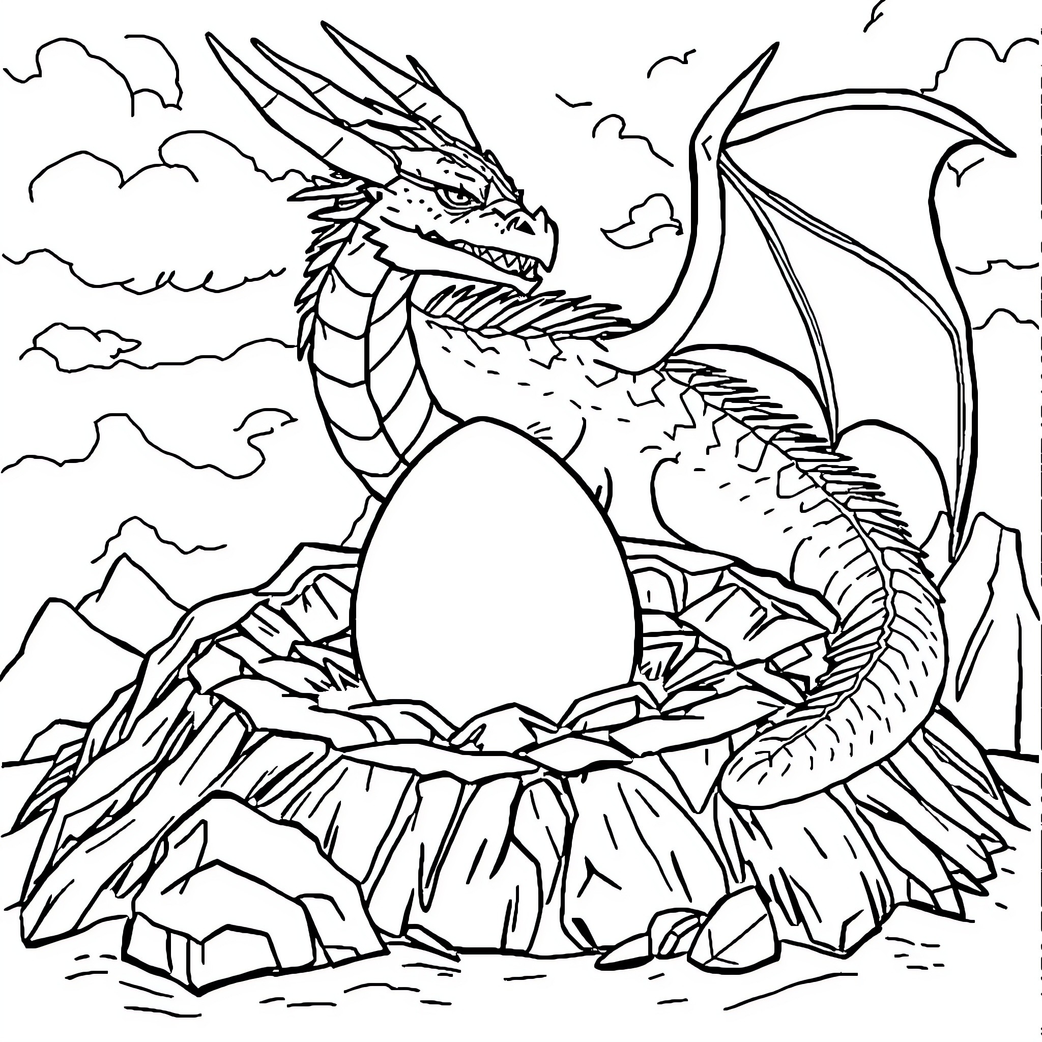 Dragon guarding its precious egg in the mountains Coloring Page (free black-and-white line drawing printable PDF for all, from beginners to advanced learners, including children, teens, adults, and seniors)