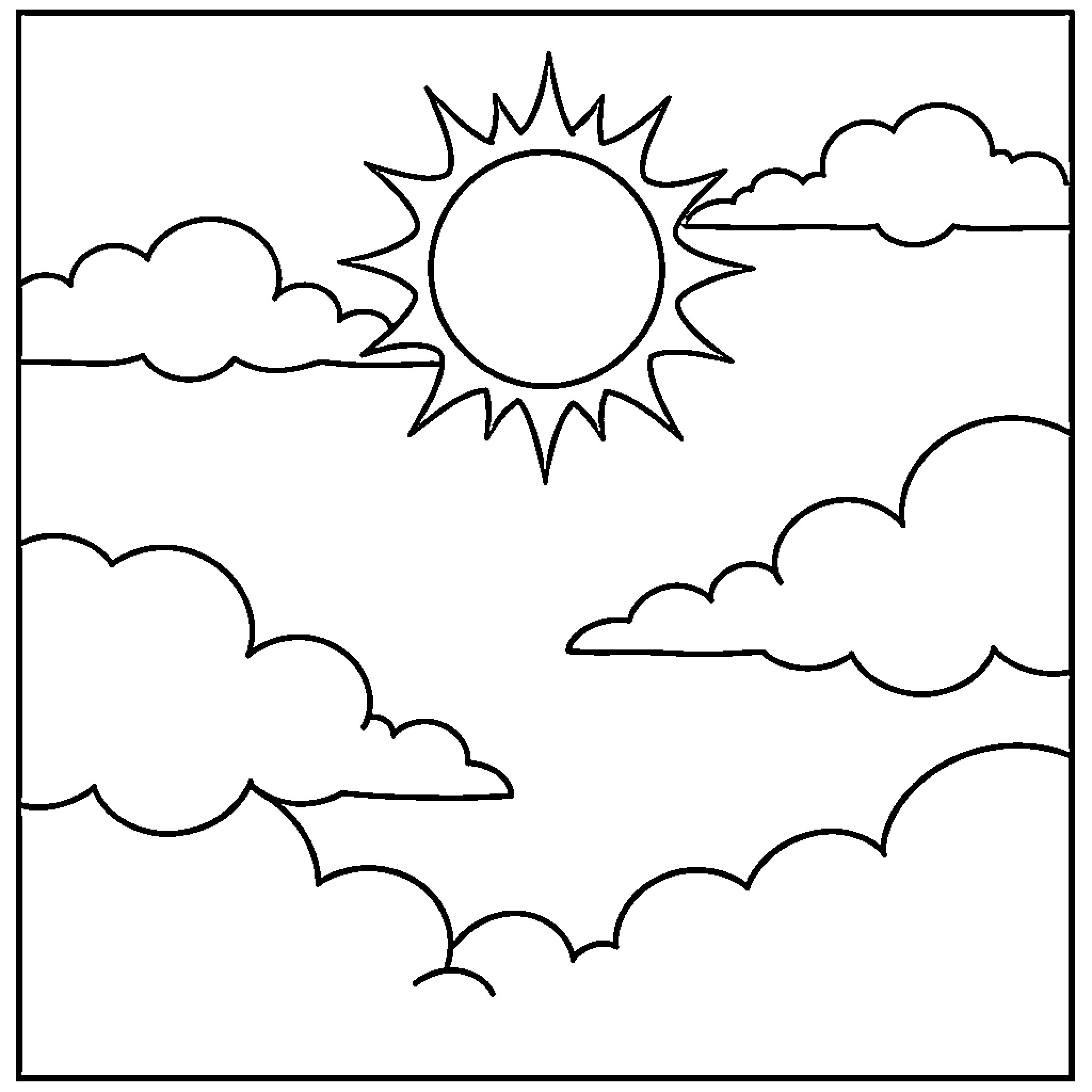 Sky filled with bright sun and fluffy clouds Coloring Page (free black-and-white line drawing printable PDF for all, from beginners to advanced learners, including children, teens, adults, and seniors)