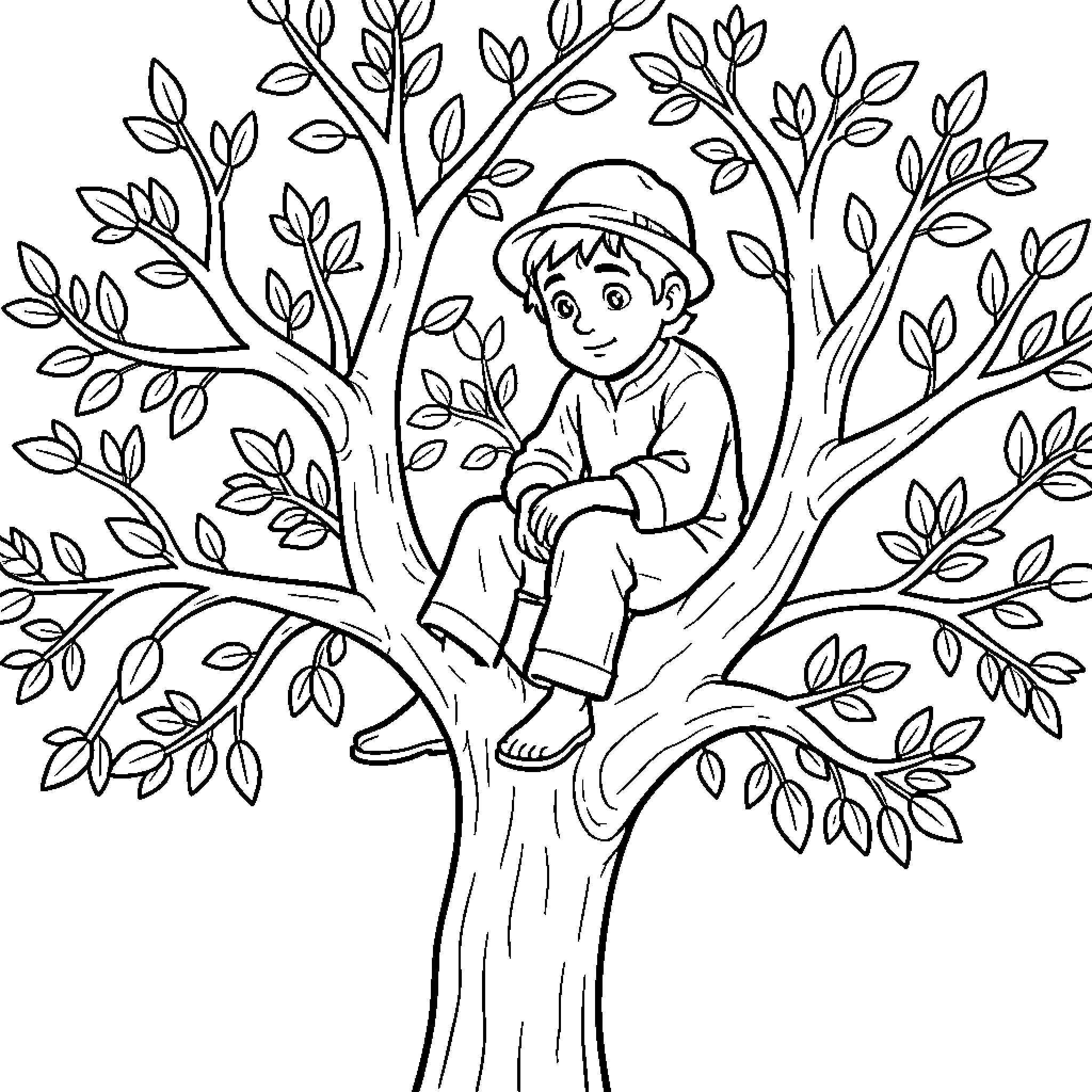 Zaccheus sitting on a tree branch looking down Coloring Page (free black-and-white line drawing printable PDF for all, from beginners to advanced learners, including children, teens, adults, and seniors)