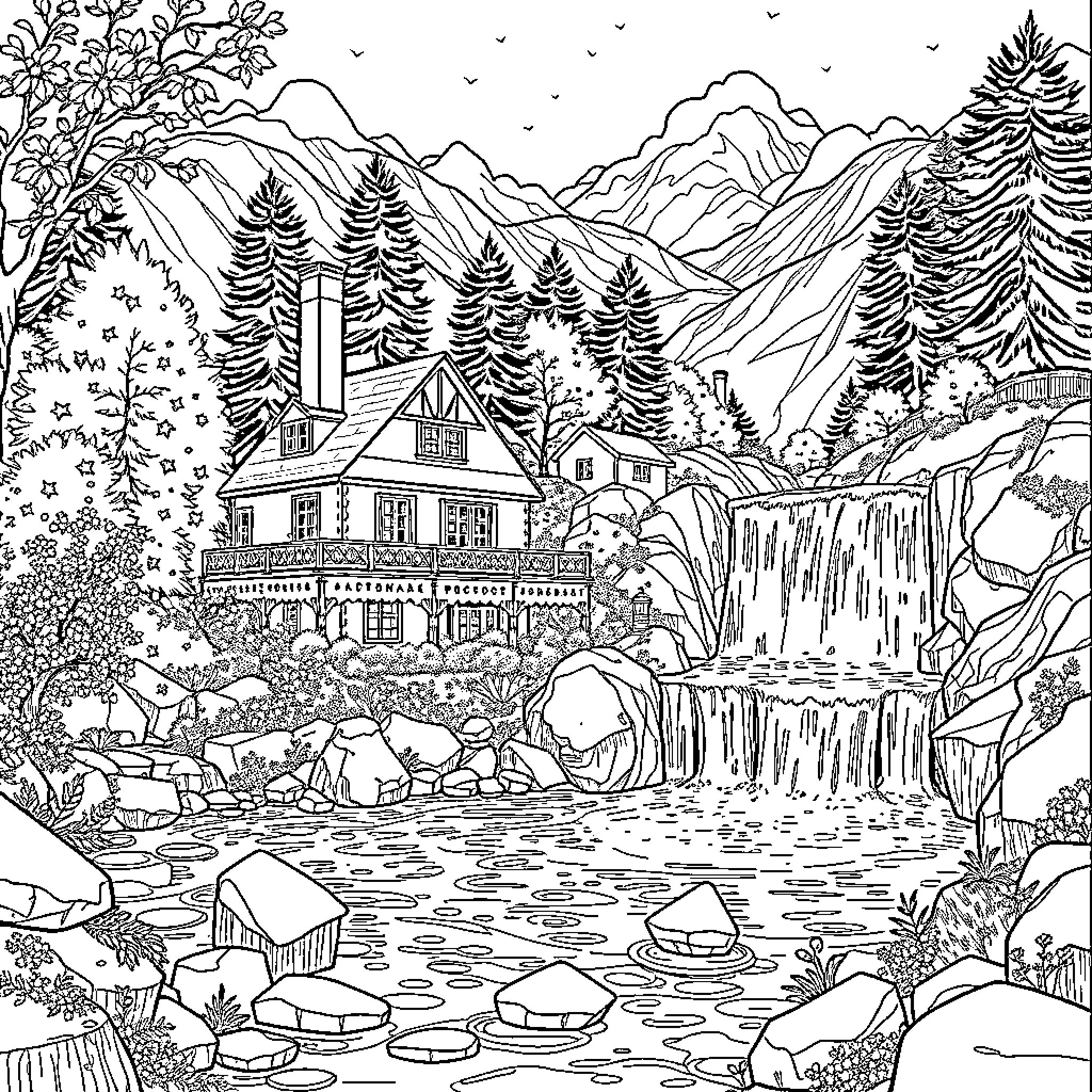 House by the Waterfall in the Mountainous Landscape Coloring Page (free black-and-white line drawing printable PDF for all, from beginners to advanced learners, including children, teens, adults, and seniors)