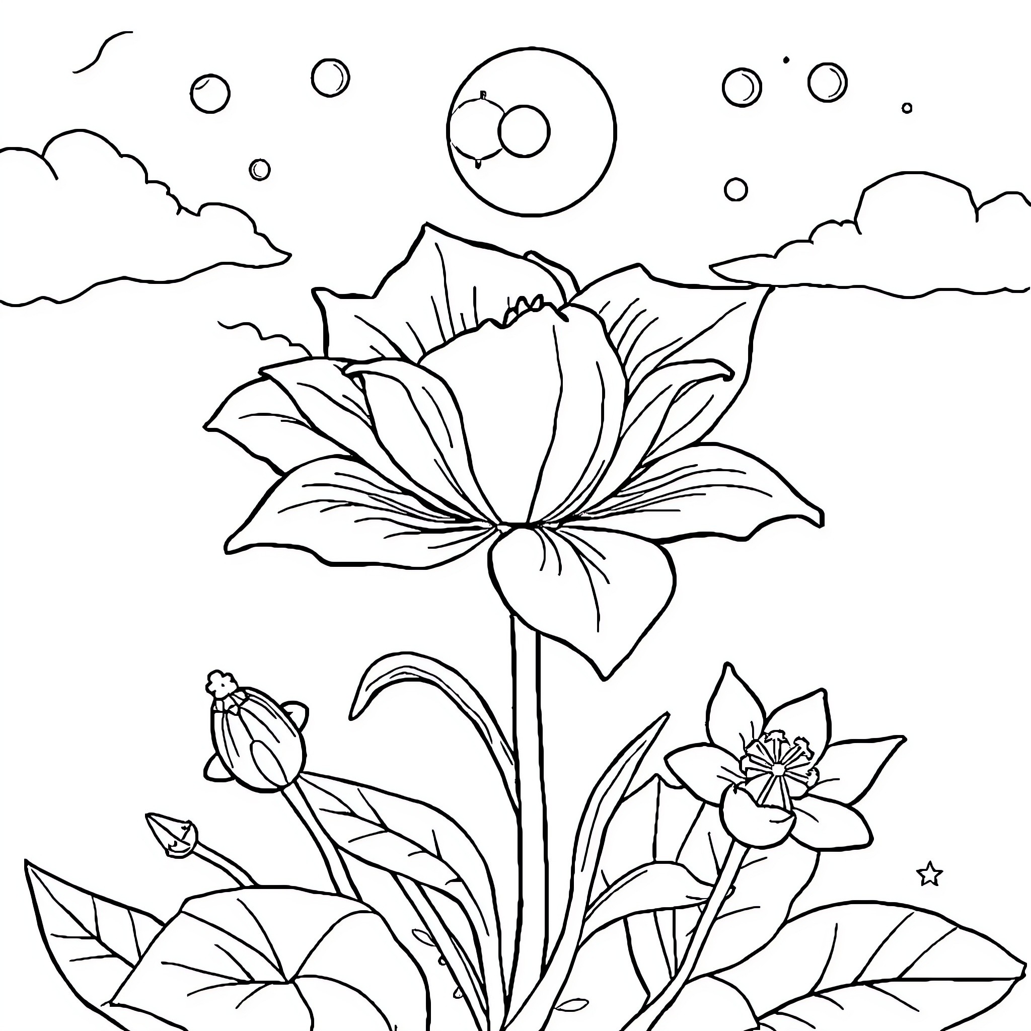 Butterfly garden with blooming flowers under night sky Coloring Page (free black-and-white line drawing printable PDF for all, from beginners to advanced learners, including children, teens, adults, and seniors)
