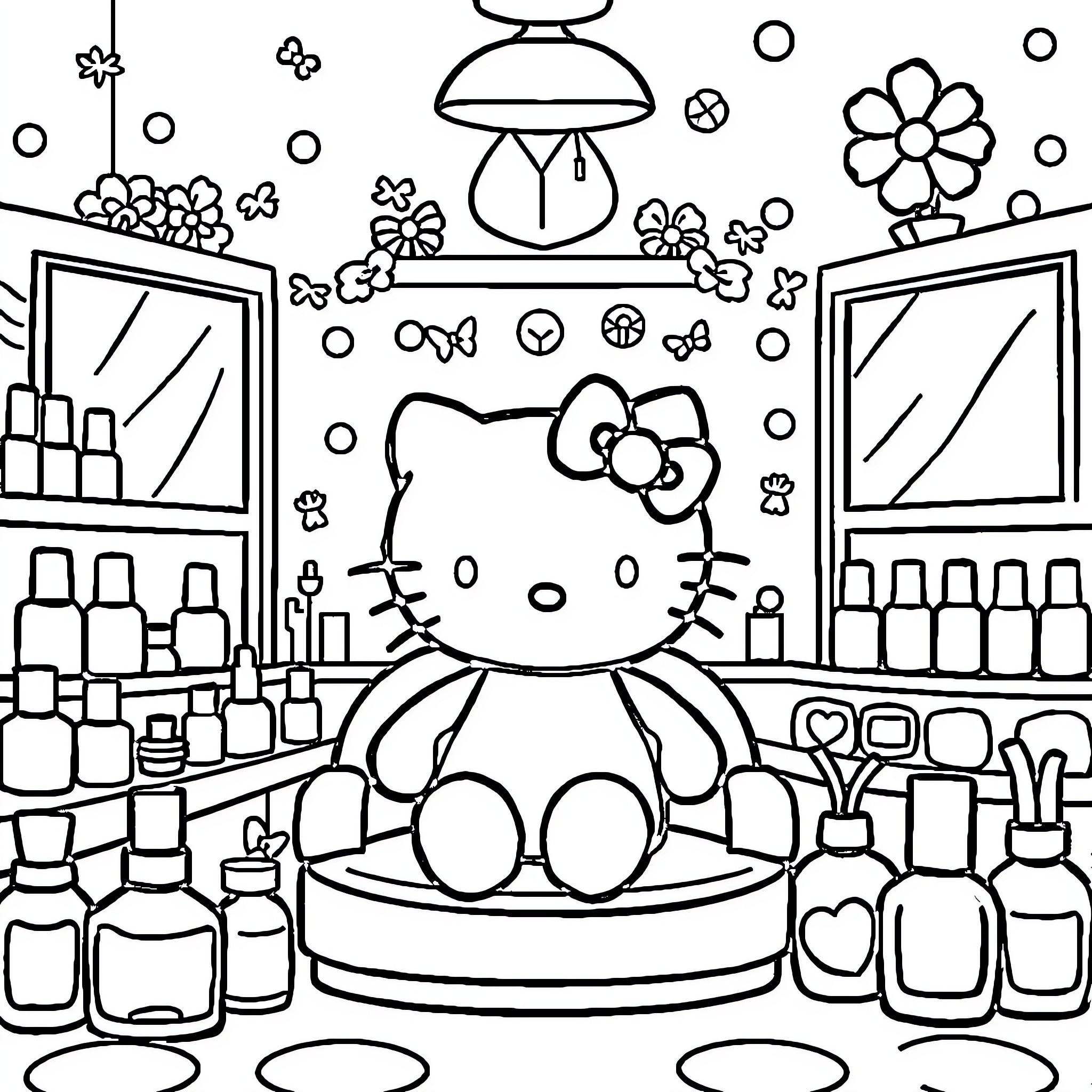 Hello Kitty in a Beauty Salon Coloring Page (free black-and-white line drawing printable PDF for all, from beginners to advanced learners, including children, teens, adults, and seniors)