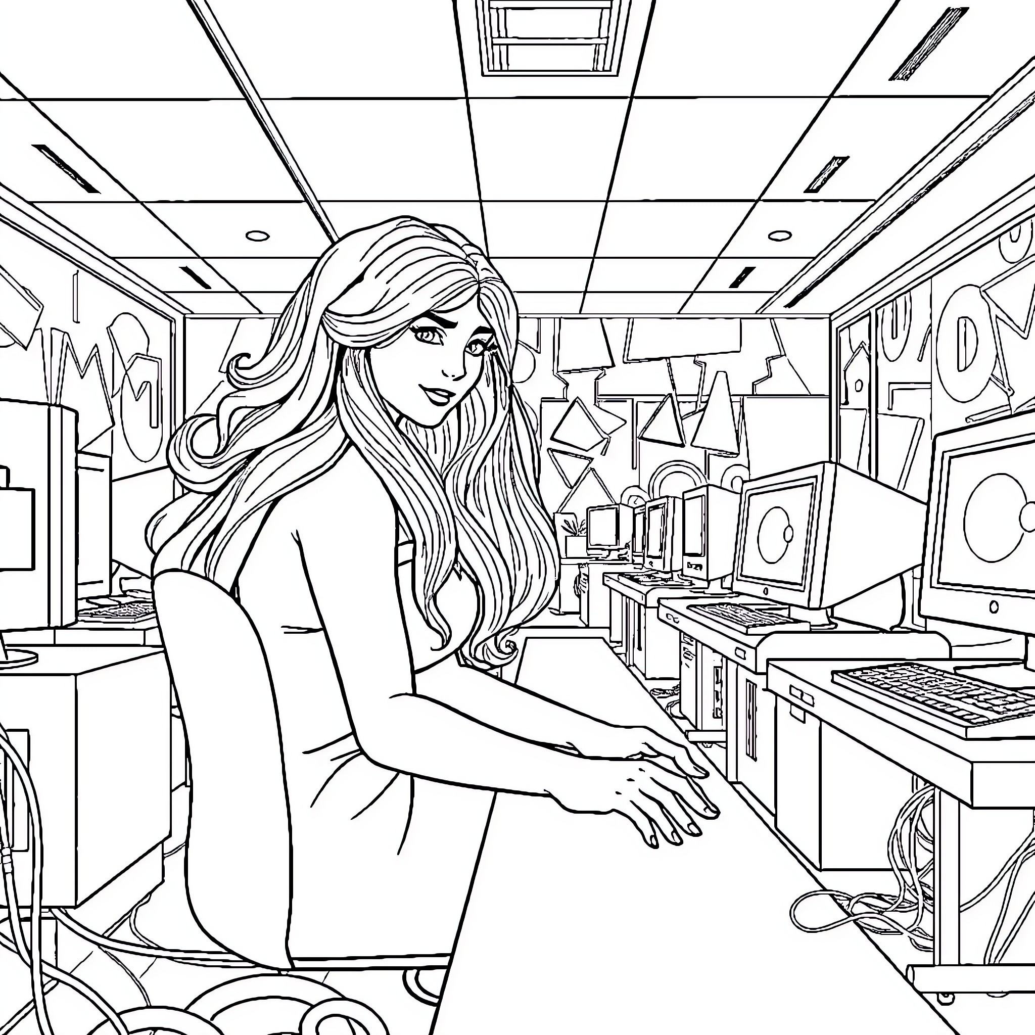 Dama enjoys creative workspace Coloring Page (free black-and-white line drawing printable PDF for all, from beginners to advanced learners, including children, teens, adults, and seniors)