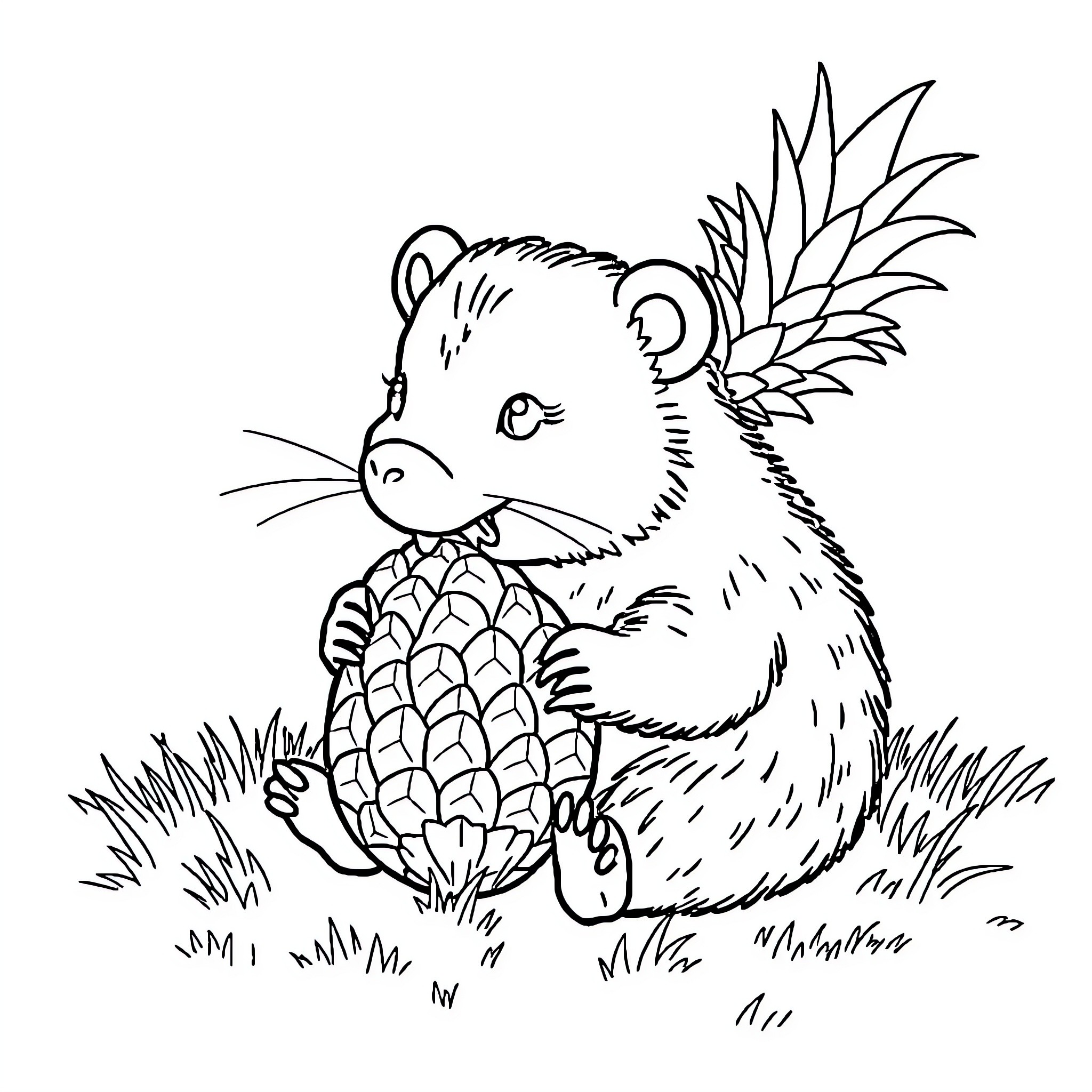 Wombat carrying a pineapple in the grass Coloring Page (free black-and-white line drawing printable PDF for all, from beginners to advanced learners, including children, teens, adults, and seniors)