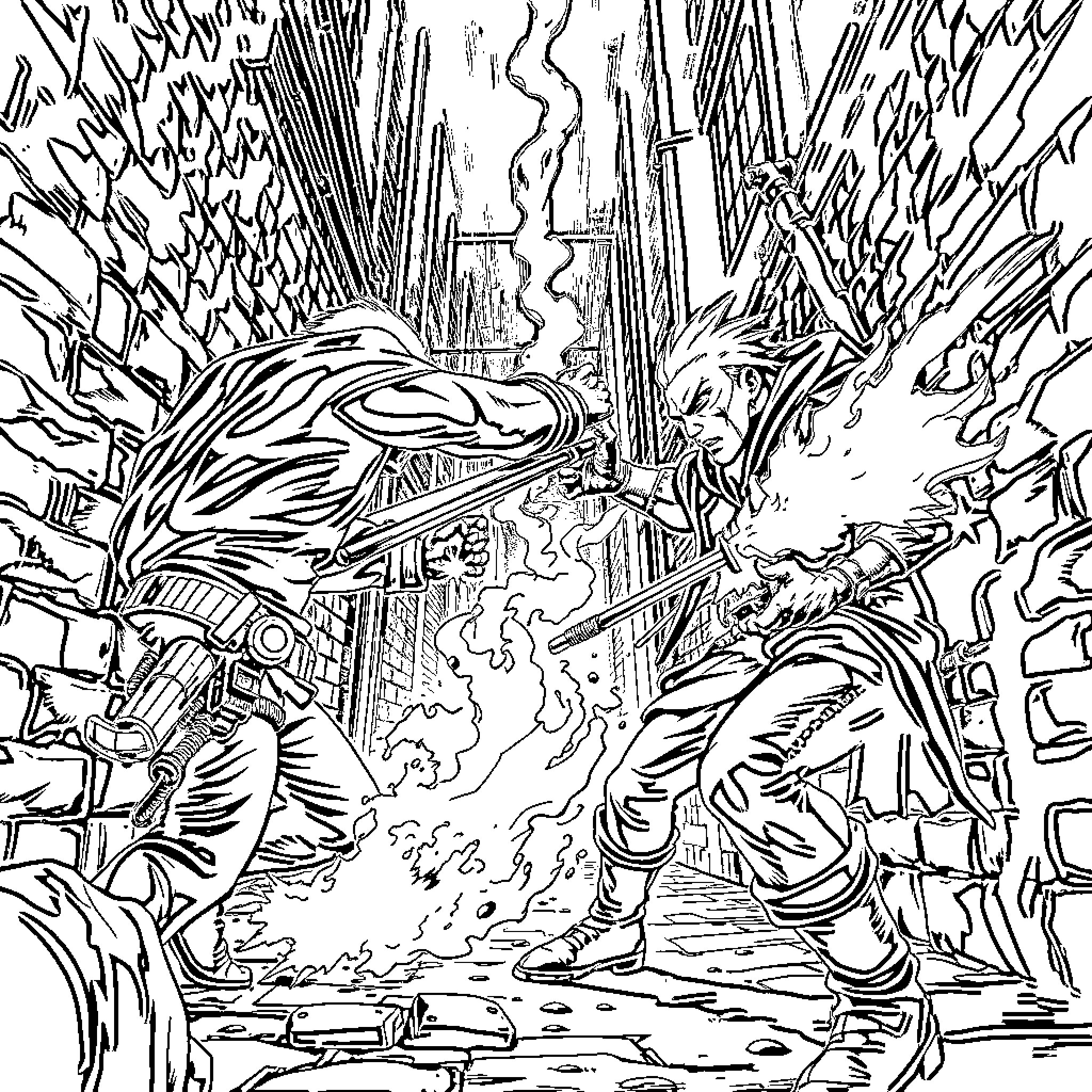 Boys engaged in intense magical combat Coloring Page (free black-and-white line drawing printable PDF for all, from beginners to advanced learners, including children, teens, adults, and seniors)