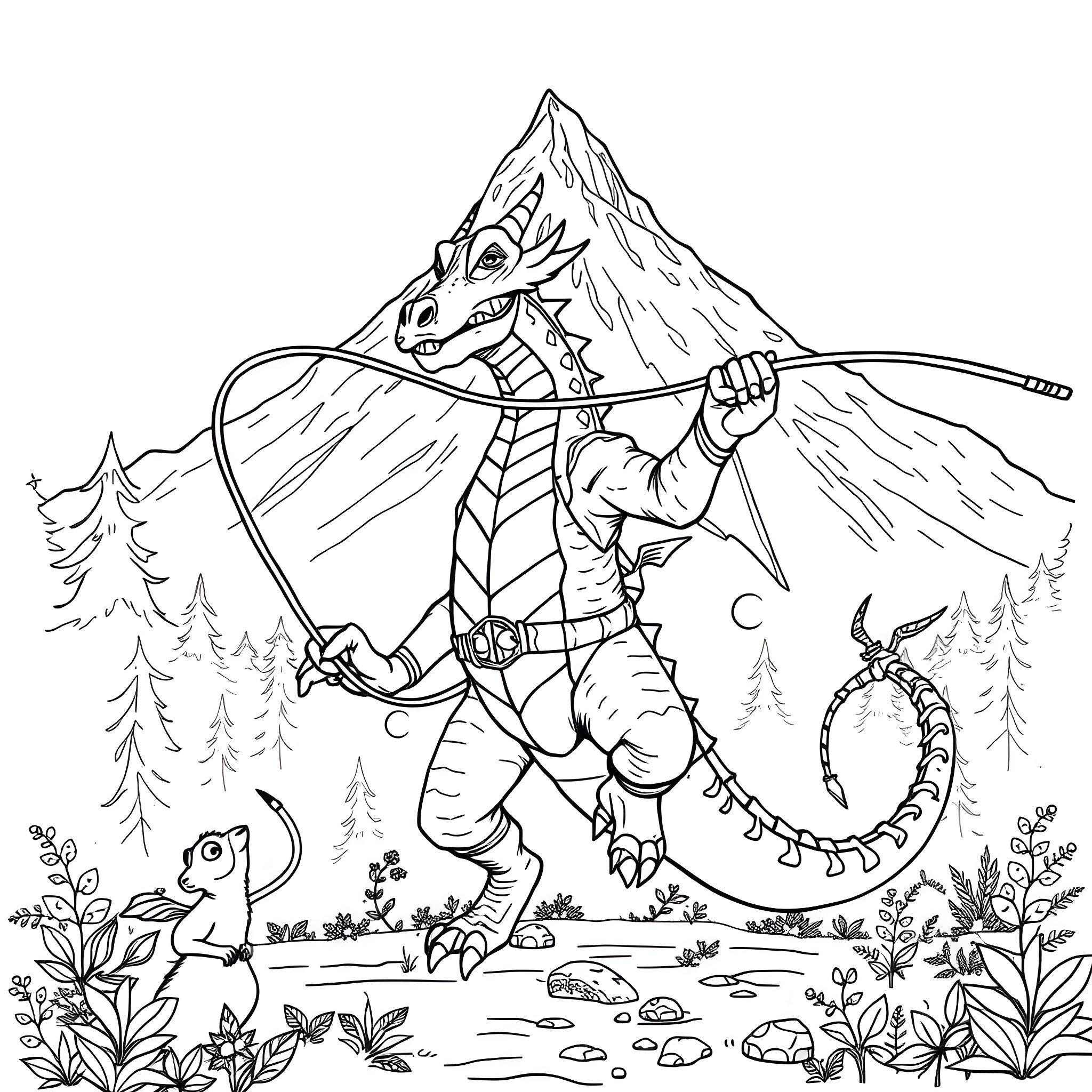 Dragonborn warrior wielding a spear in the wilderness Coloring Page (free black-and-white line drawing printable PDF for all, from beginners to advanced learners, including children, teens, adults, and seniors)