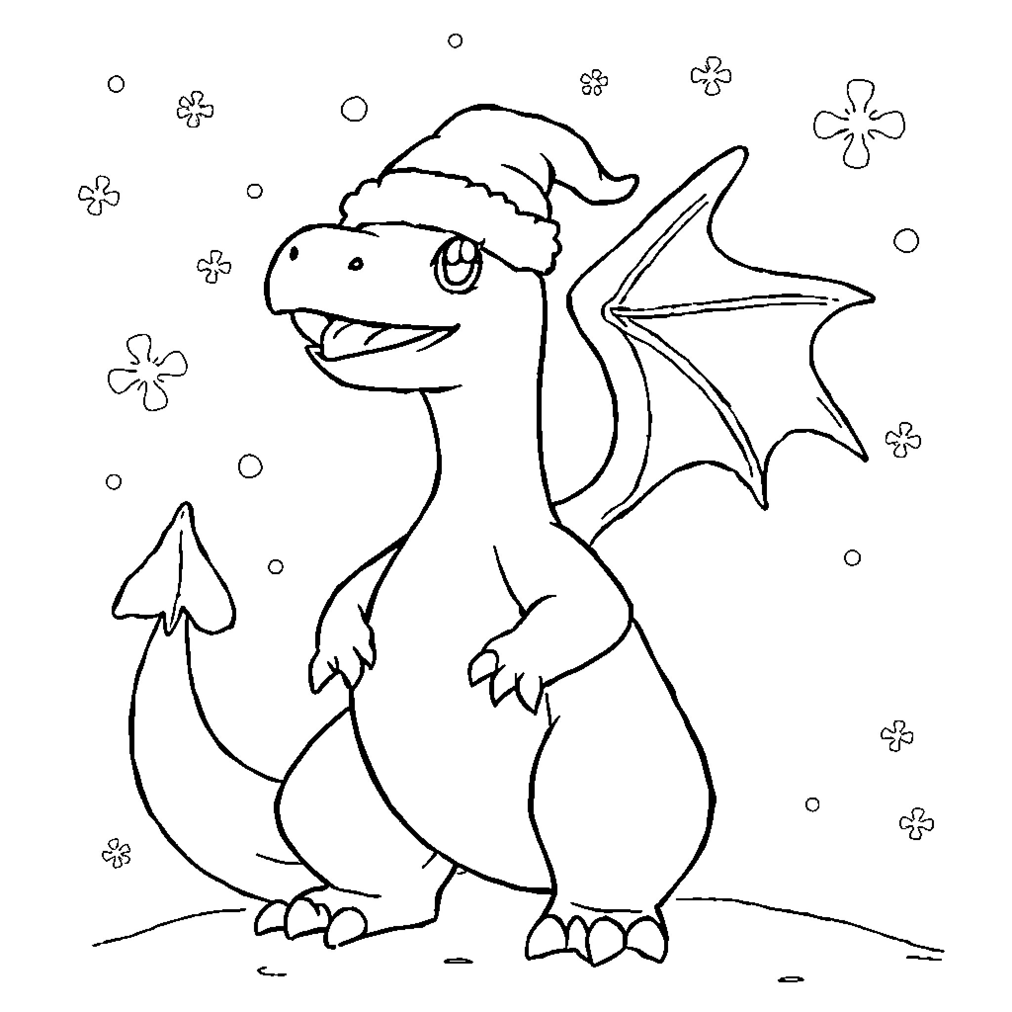 Charizard in winter wonderland Coloring Page (free black-and-white line drawing printable PDF for all, from beginners to advanced learners, including children, teens, adults, and seniors)