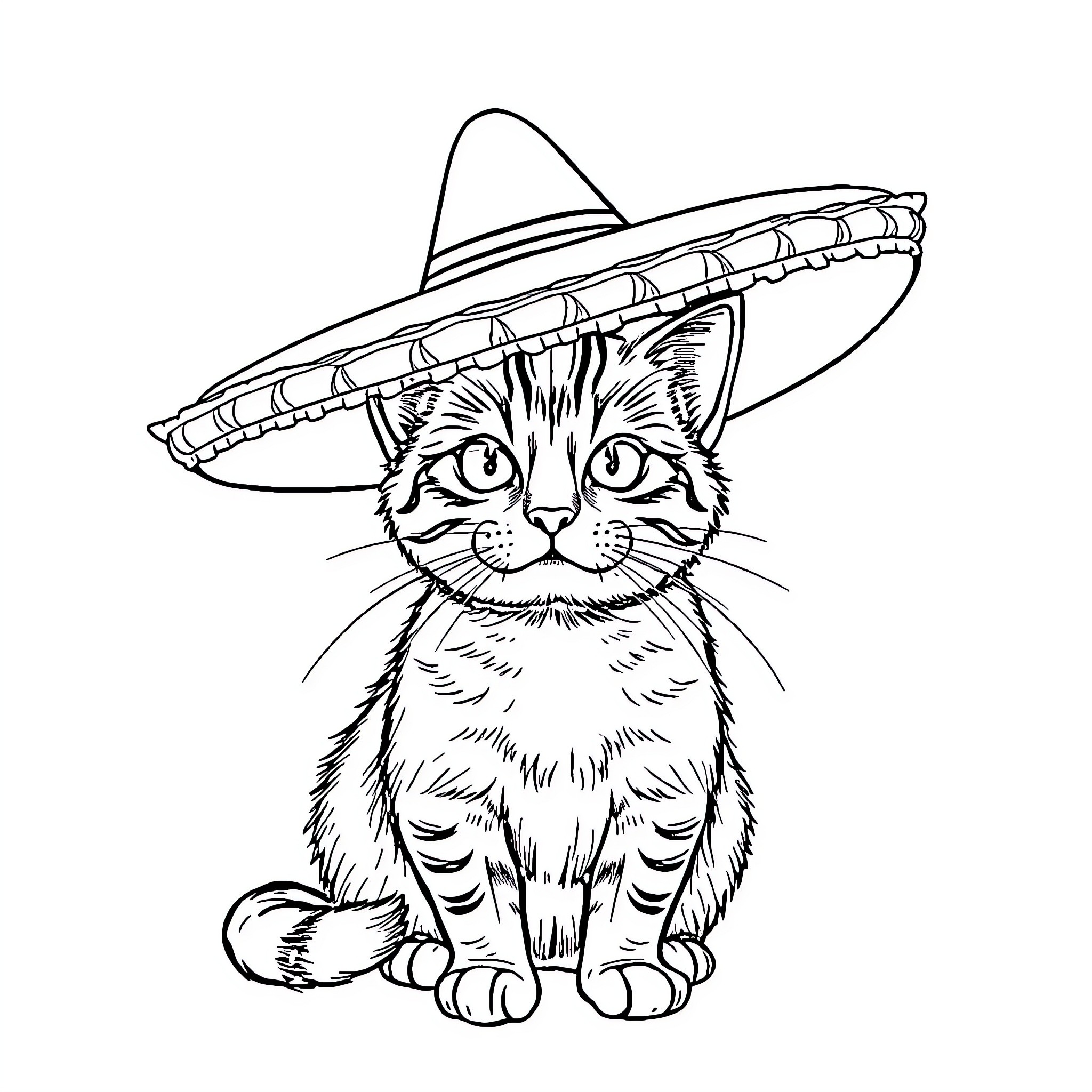 Cat wearing a sombrero hat Coloring Page (free black-and-white line drawing printable PDF for all, from beginners to advanced learners, including children, teens, adults, and seniors)