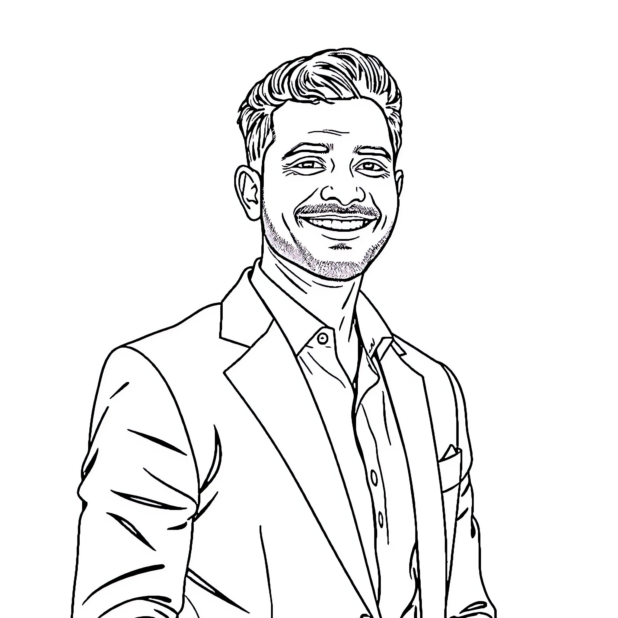 Man in formal attire smiling confidently Coloring Page (free black-and-white line drawing printable PDF for all, from beginners to advanced learners, including children, teens, adults, and seniors)