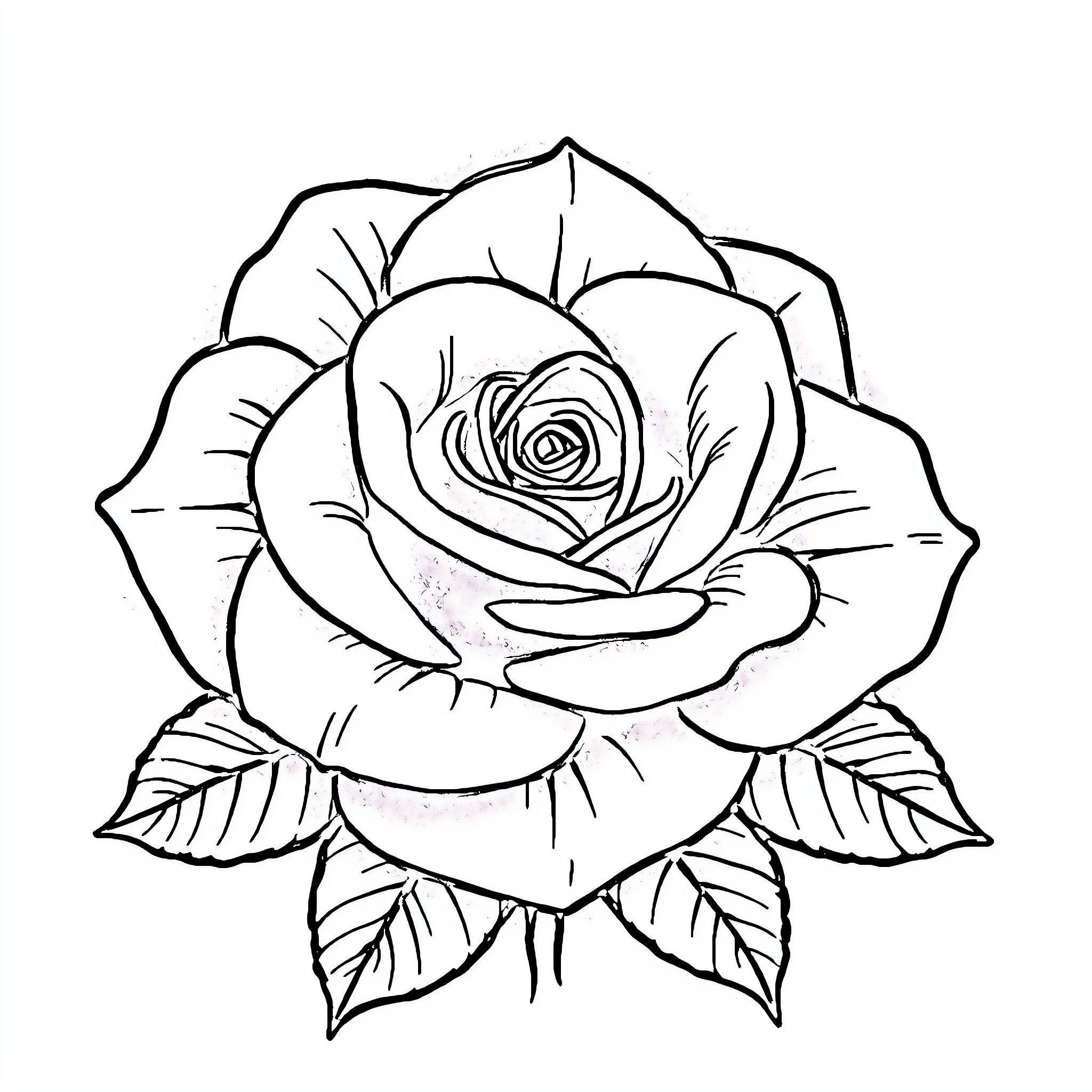 Rose blooming with elegant petals and leaves Coloring Page (free black-and-white line drawing printable PDF for all, from beginners to advanced learners, including children, teens, adults, and seniors)