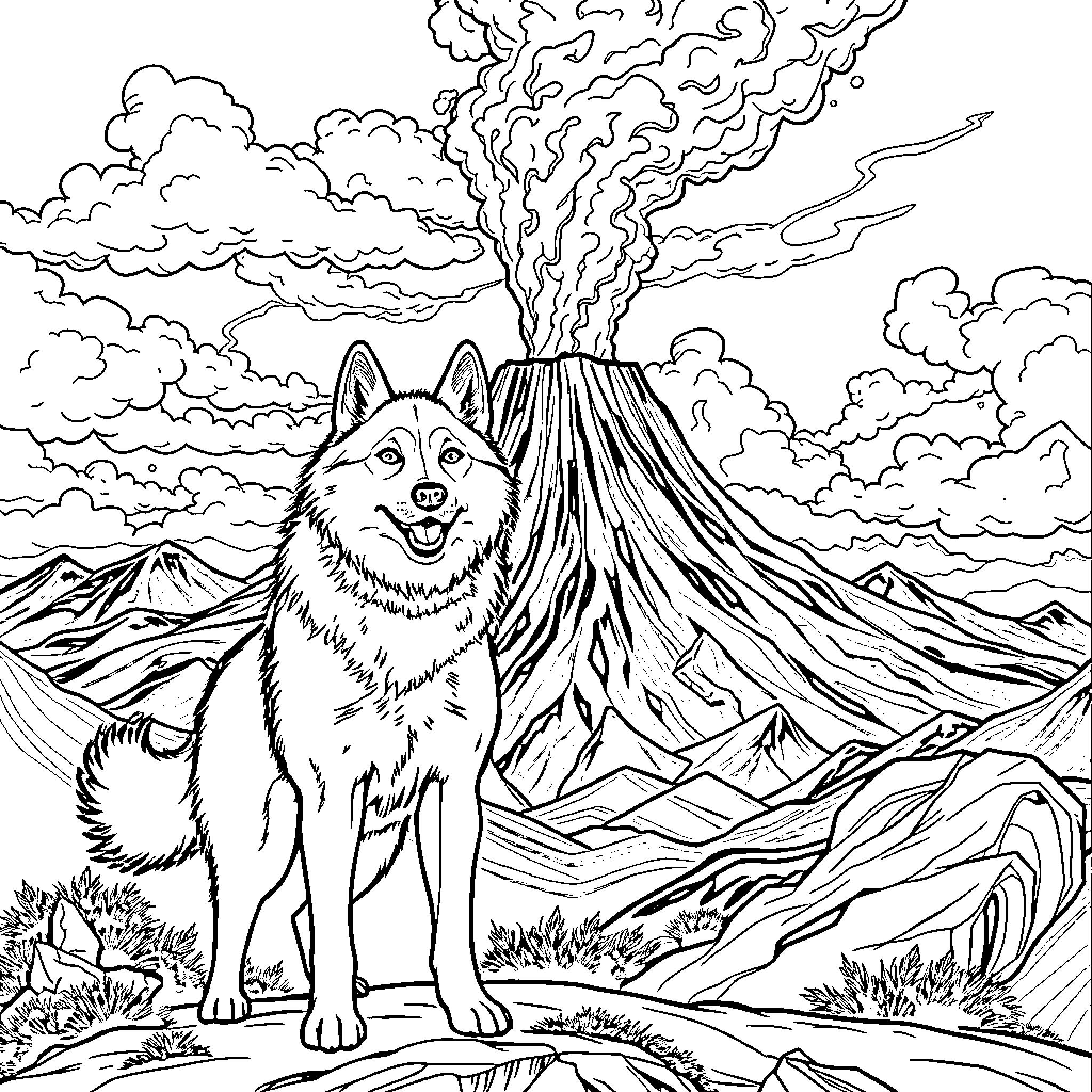 Husky in Volcanic Landscape Coloring Page (free black-and-white line drawing printable PDF for all, from beginners to advanced learners, including children, teens, adults, and seniors)