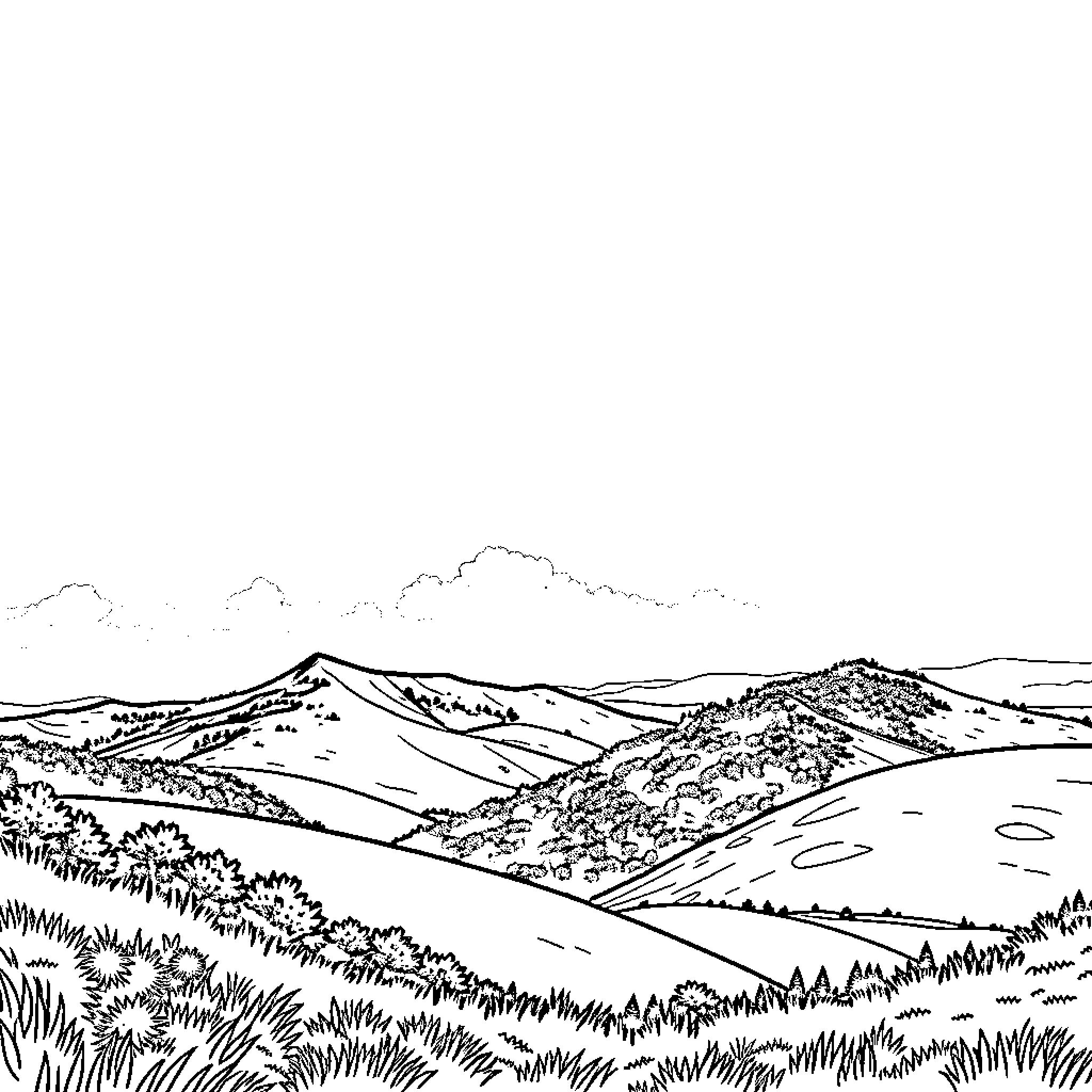 Scenery of a mountainous landscape with rolling hills Coloring Page (free black-and-white line drawing printable PDF for all, from beginners to advanced learners, including children, teens, adults, and seniors)